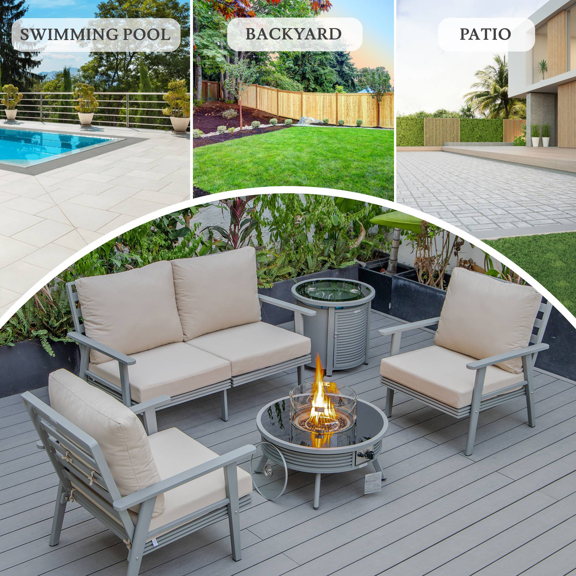 LeisureMod Walbrooke Modern Gray Patio Conversation With Round Fire Pit With Slats Design & Tank Holder - Beige