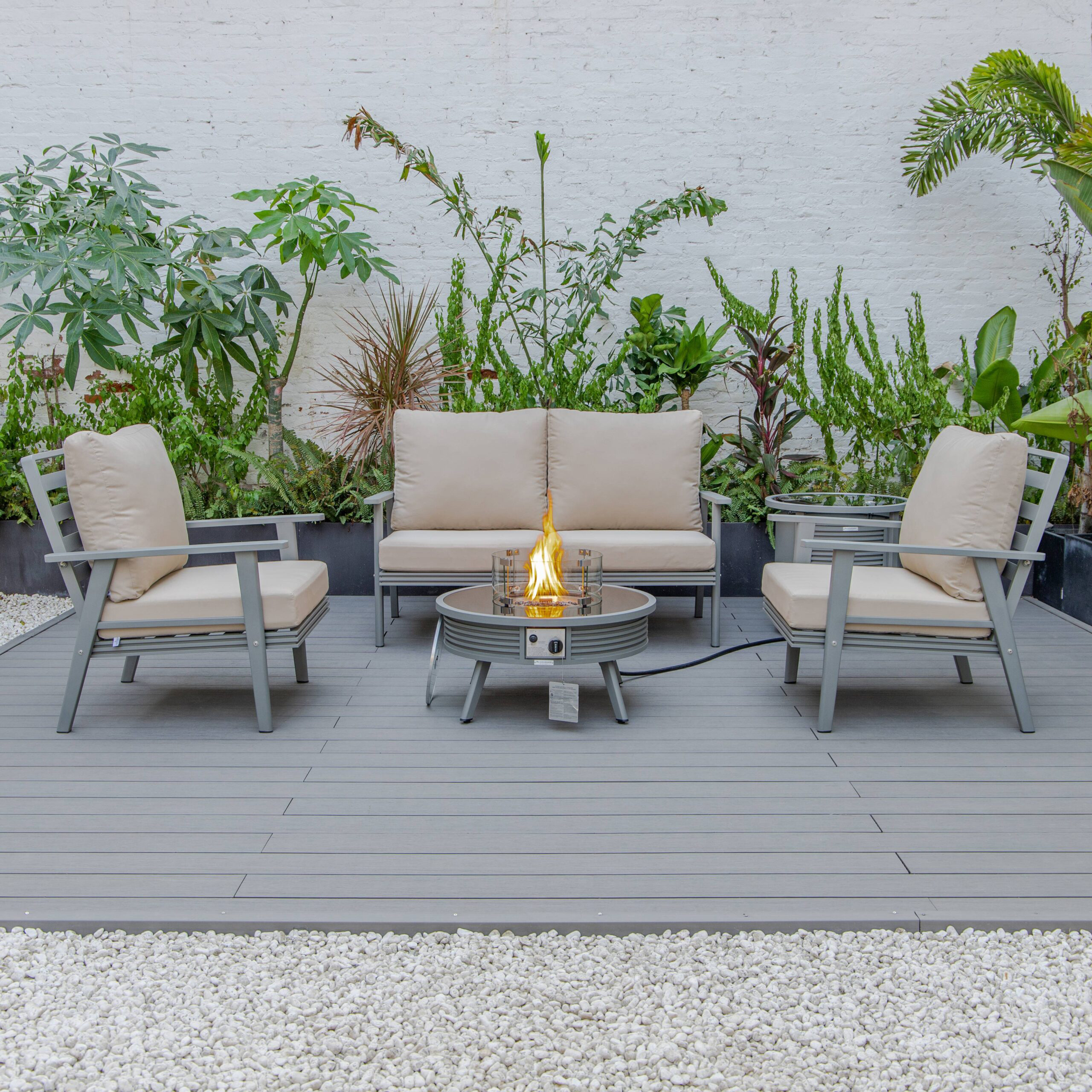 LeisureMod Walbrooke Modern Gray Patio Conversation With Round Fire Pit With Slats Design & Tank Holder - Beige