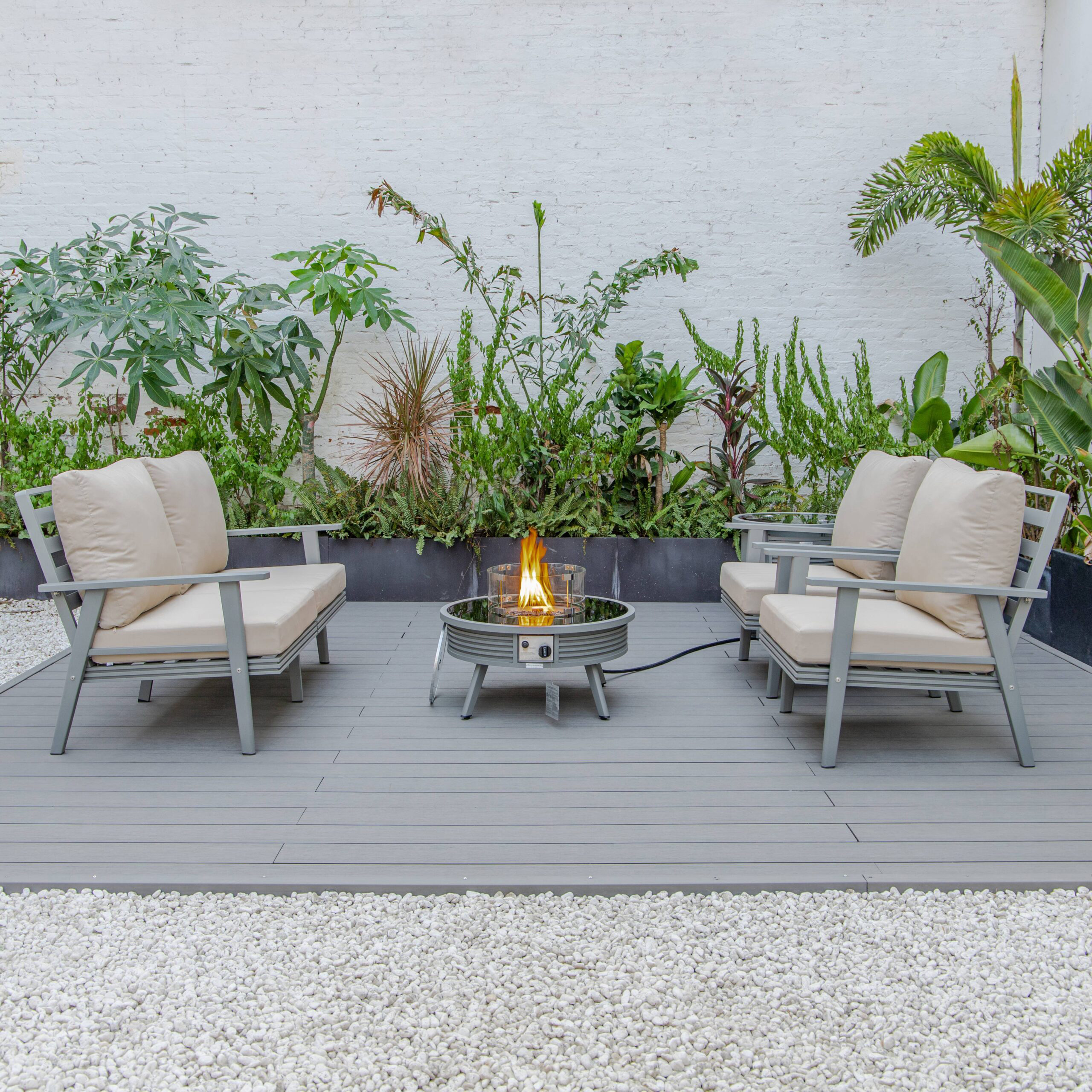 LeisureMod Walbrooke Modern Gray Patio Conversation With Round Fire Pit With Slats Design & Tank Holder - Beige