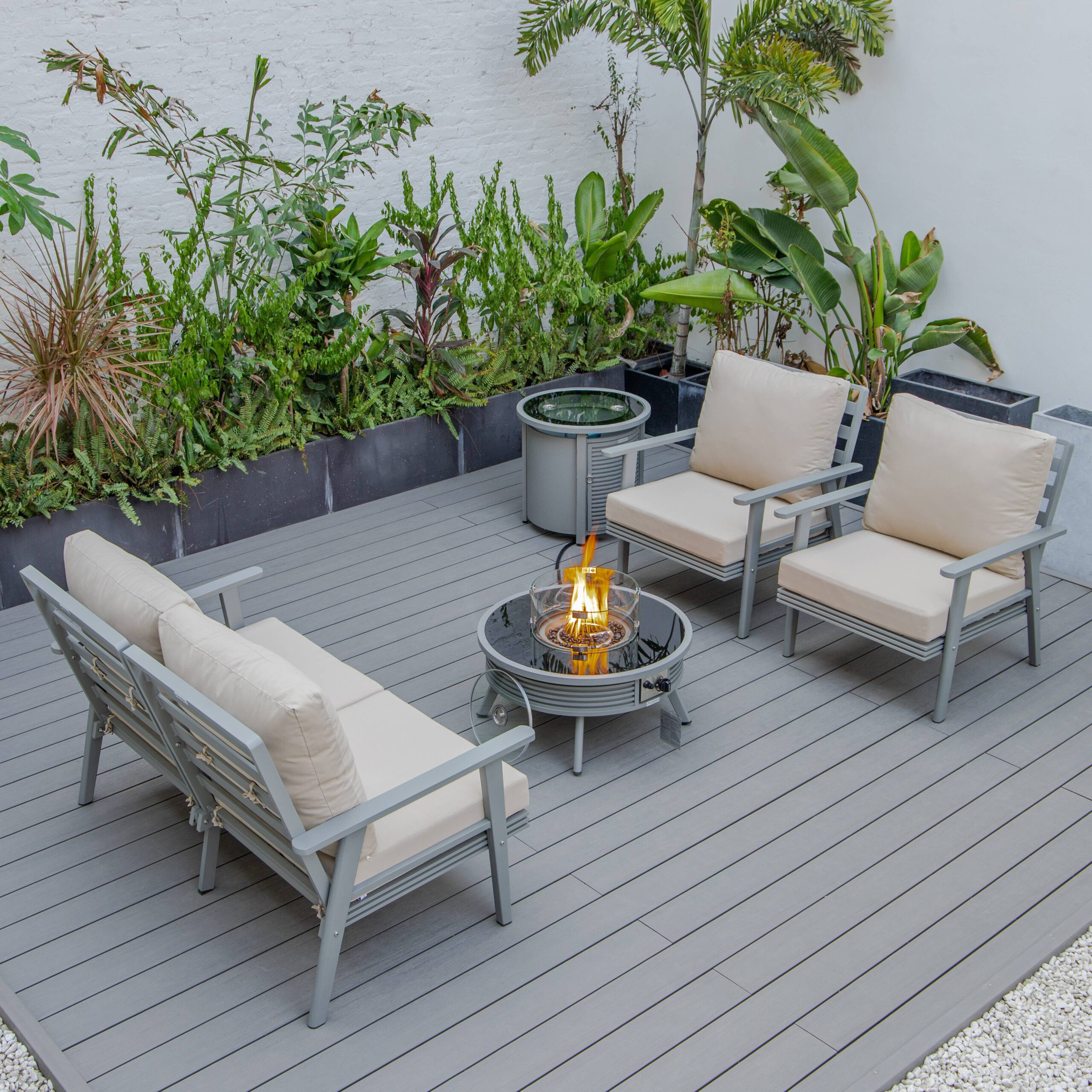 LeisureMod Walbrooke Modern Gray Patio Conversation With Round Fire Pit With Slats Design & Tank Holder - Beige