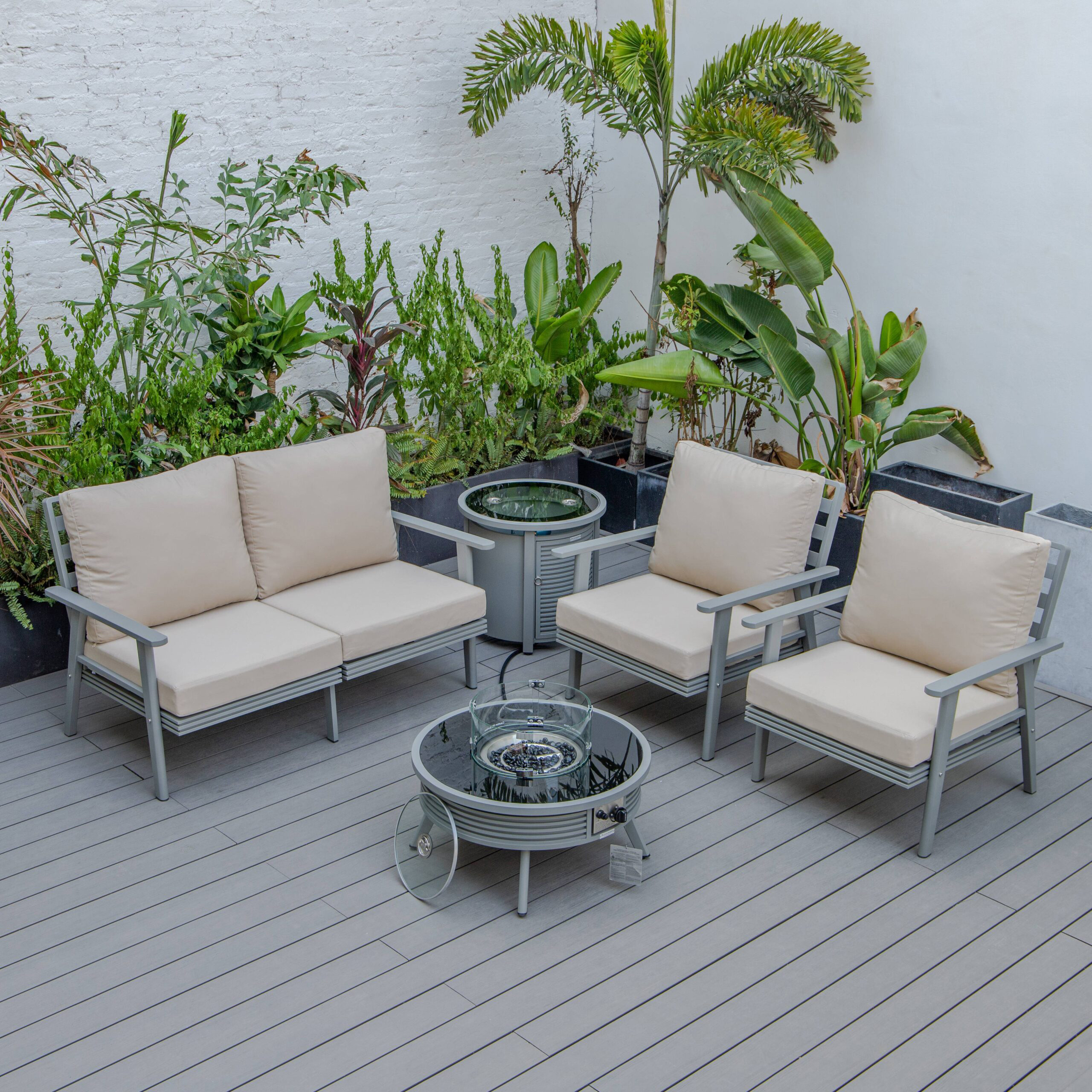 LeisureMod Walbrooke Modern Gray Patio Conversation With Round Fire Pit With Slats Design & Tank Holder - Beige