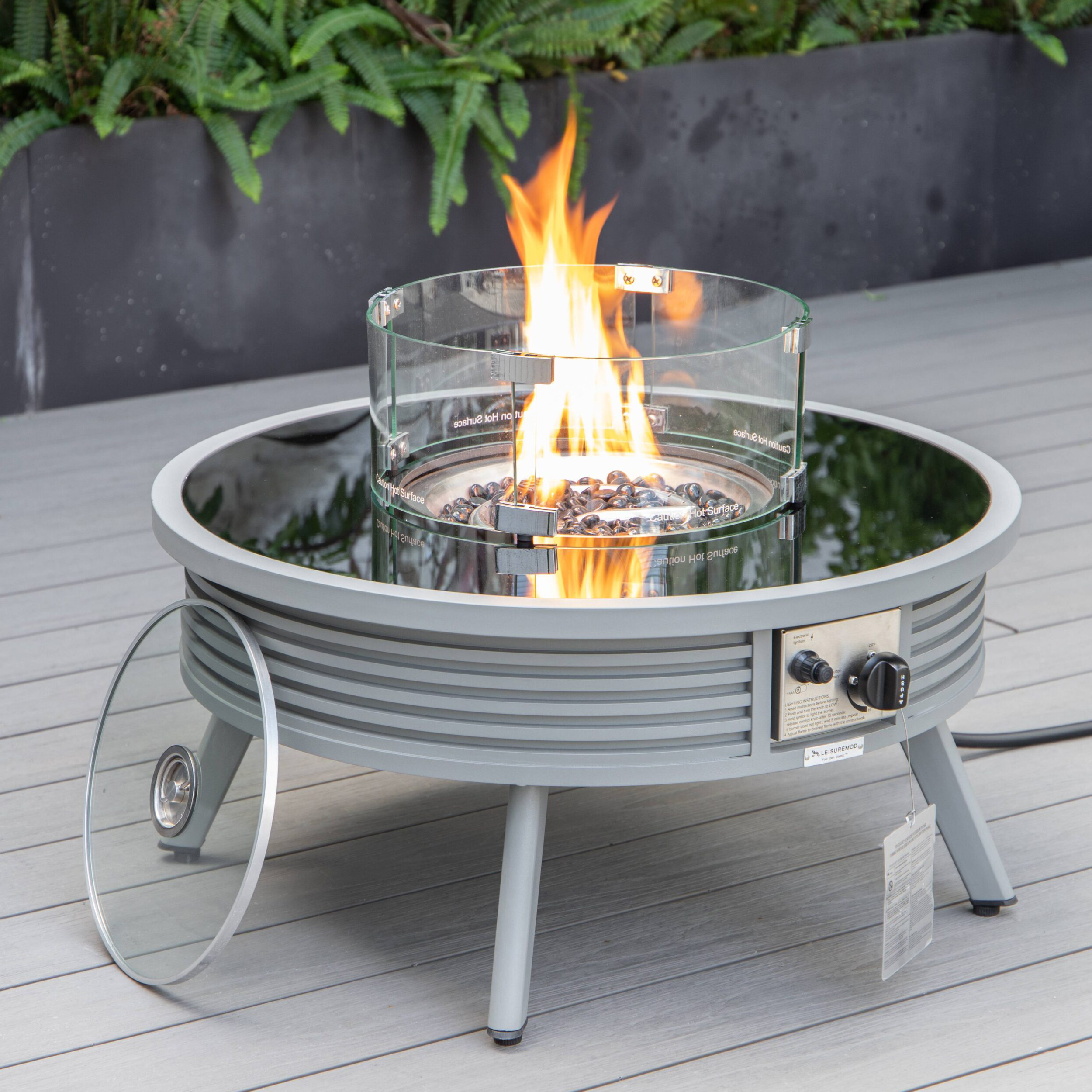 LeisureMod Walbrooke Modern Gray Patio Conversation With Round Fire Pit With Slats Design & Tank Holder - Beige