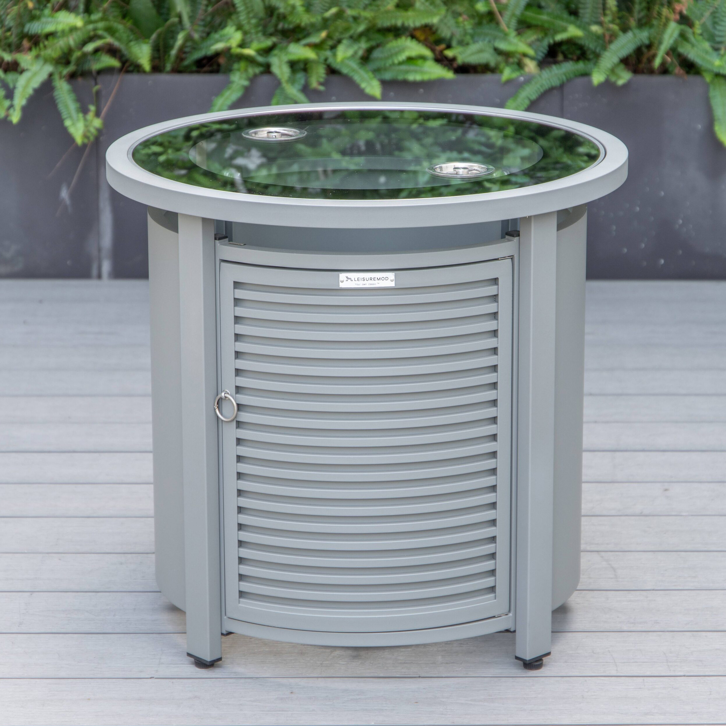 LeisureMod Walbrooke Modern Gray Patio Conversation With Round Fire Pit With Slats Design & Tank Holder - Beige