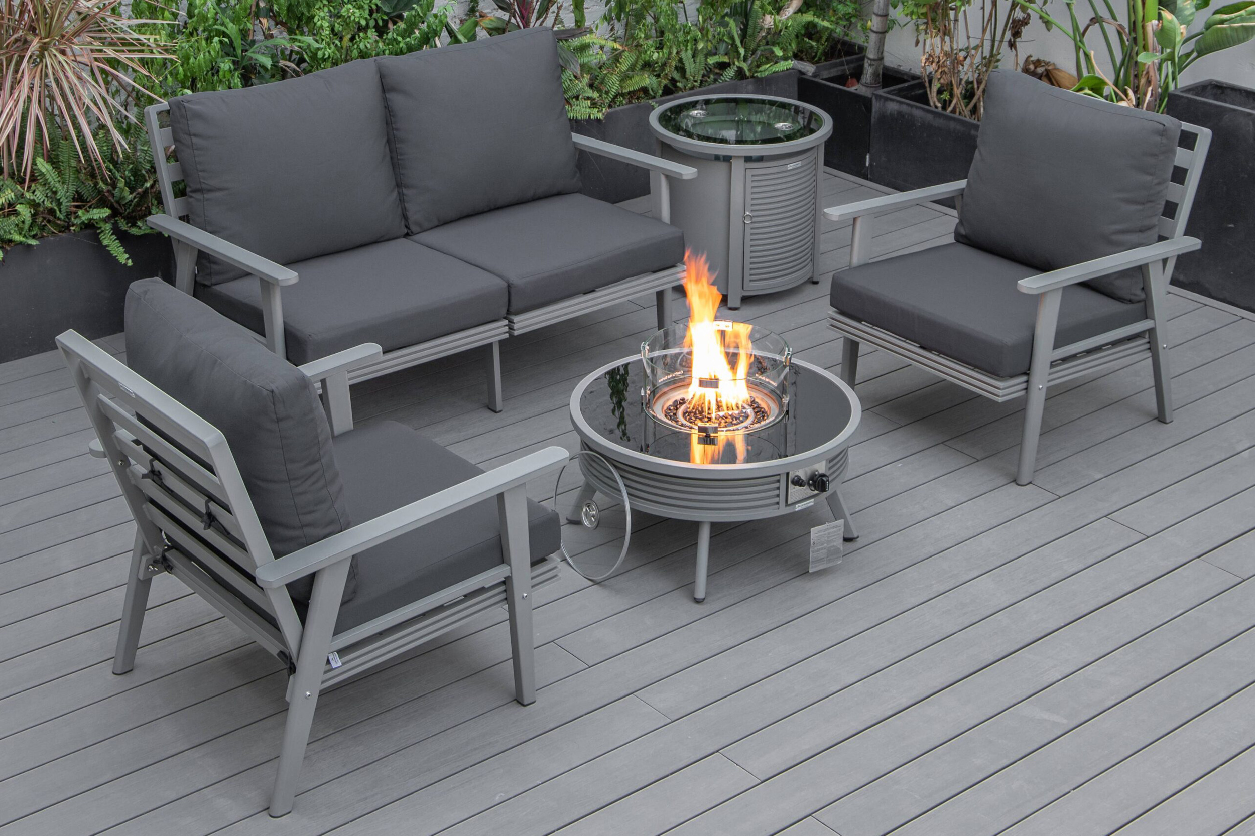 LeisureMod Walbrooke Modern Black Patio Conversation With Round Fire Pit With Slats Design & Tank Holder