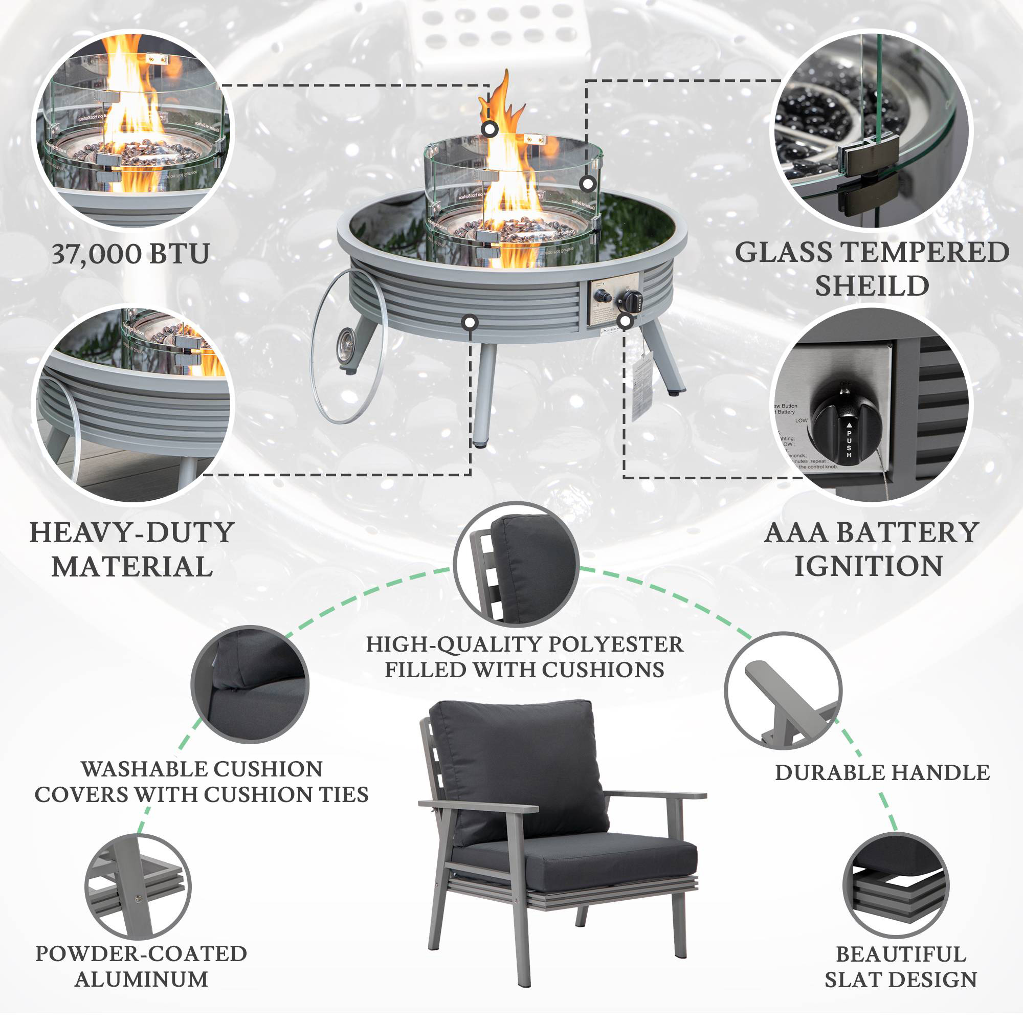 LeisureMod Walbrooke Modern Gray Patio Conversation With Round Fire Pit With Slats Design & Tank Holder - Charcoal