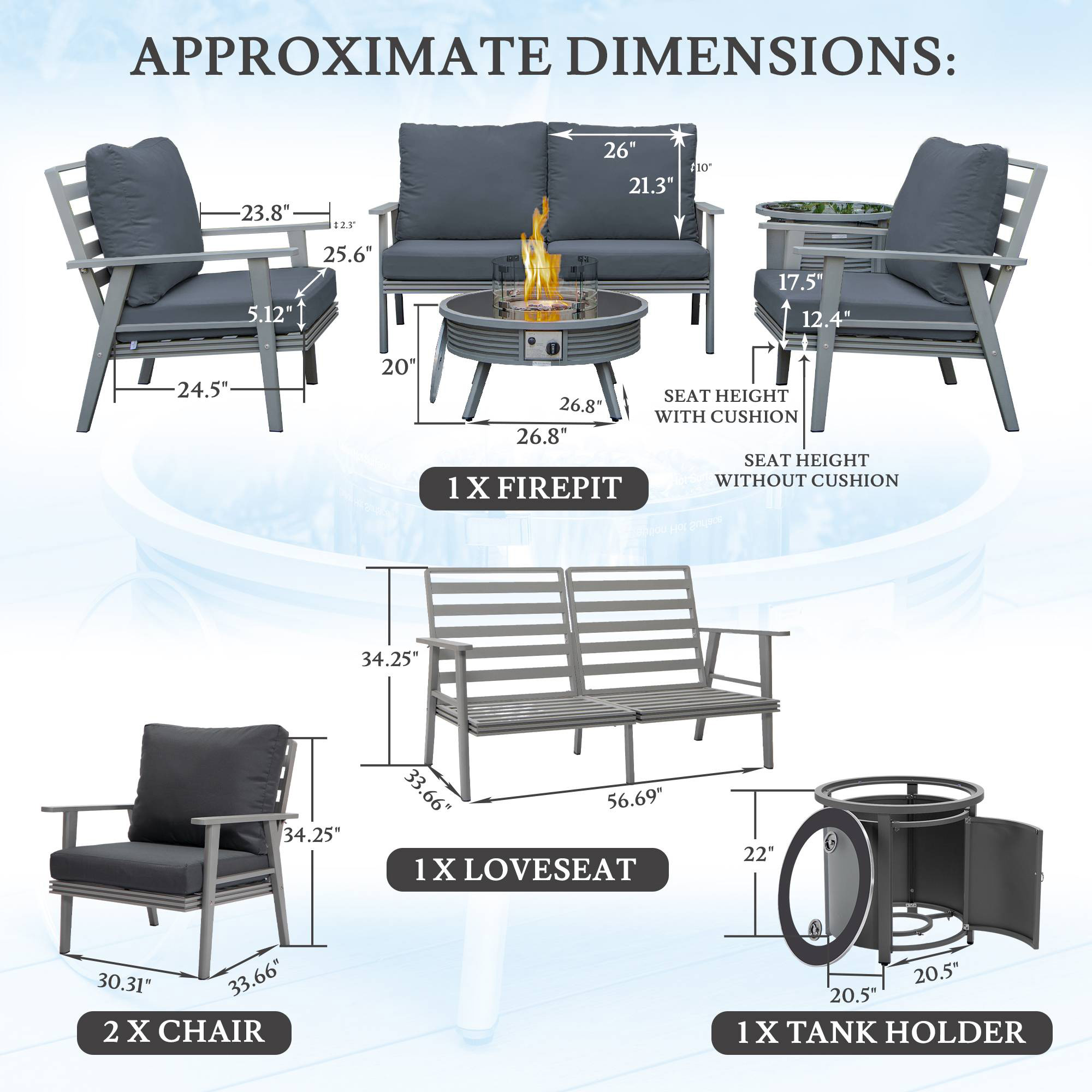 LeisureMod Walbrooke Modern Gray Patio Conversation With Round Fire Pit With Slats Design & Tank Holder - Charcoal