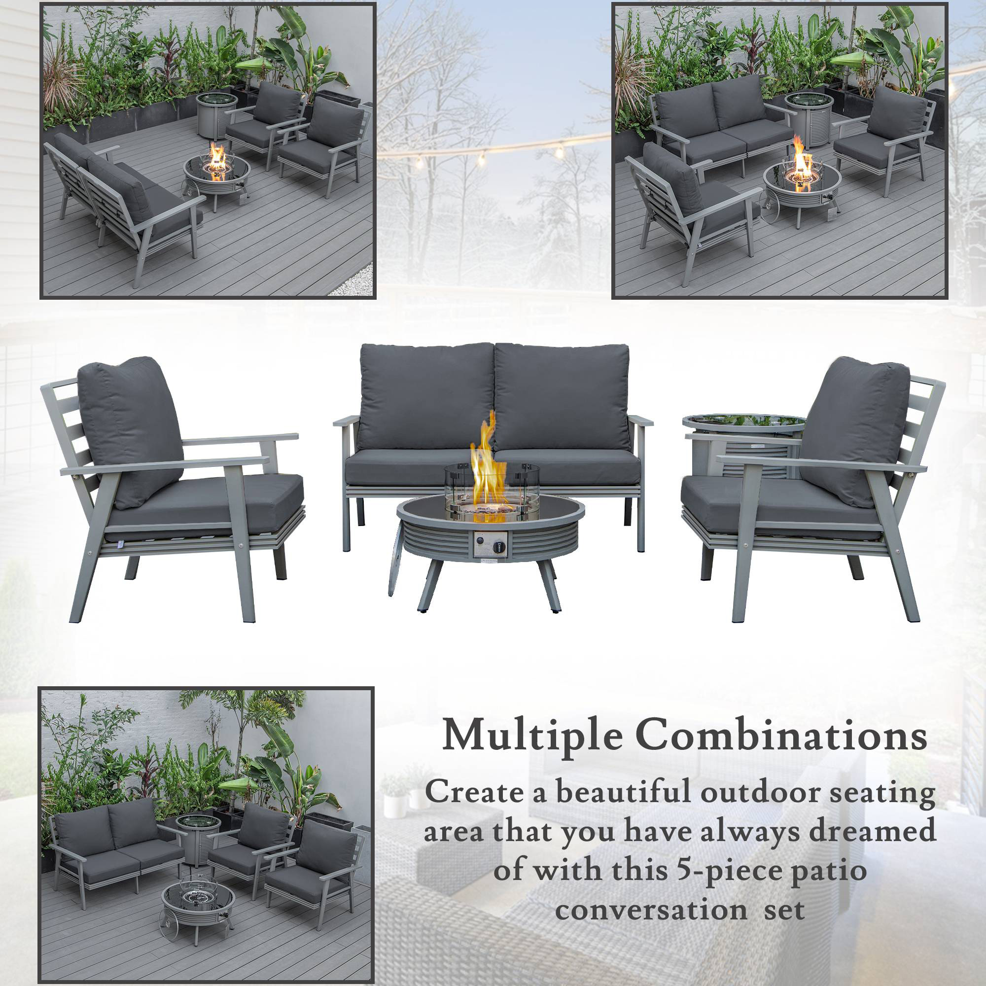 LeisureMod Walbrooke Modern Gray Patio Conversation With Round Fire Pit With Slats Design & Tank Holder - Charcoal