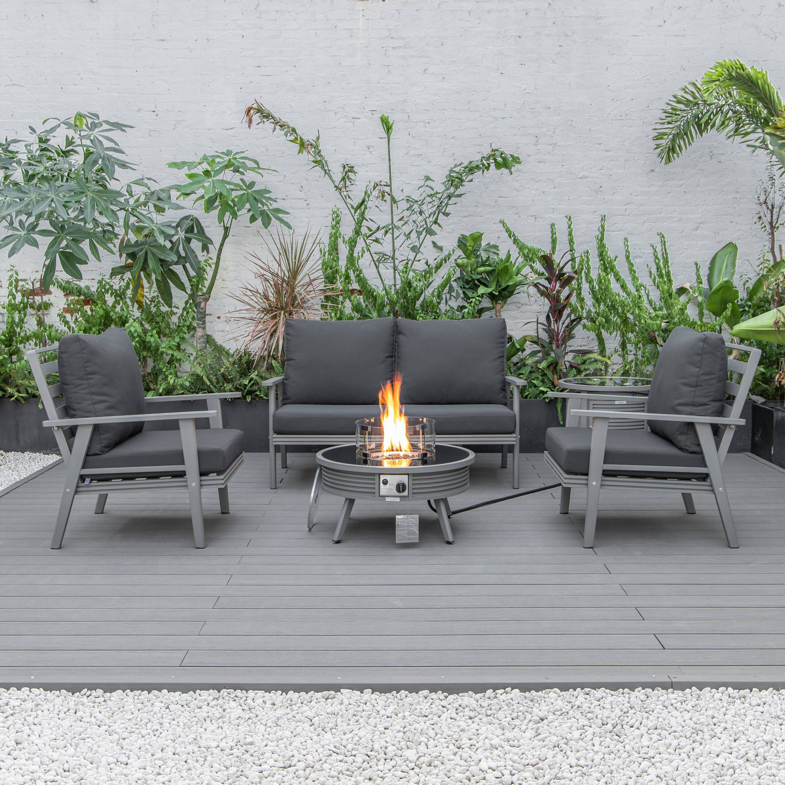 LeisureMod Walbrooke Modern Gray Patio Conversation With Round Fire Pit With Slats Design & Tank Holder - Charcoal