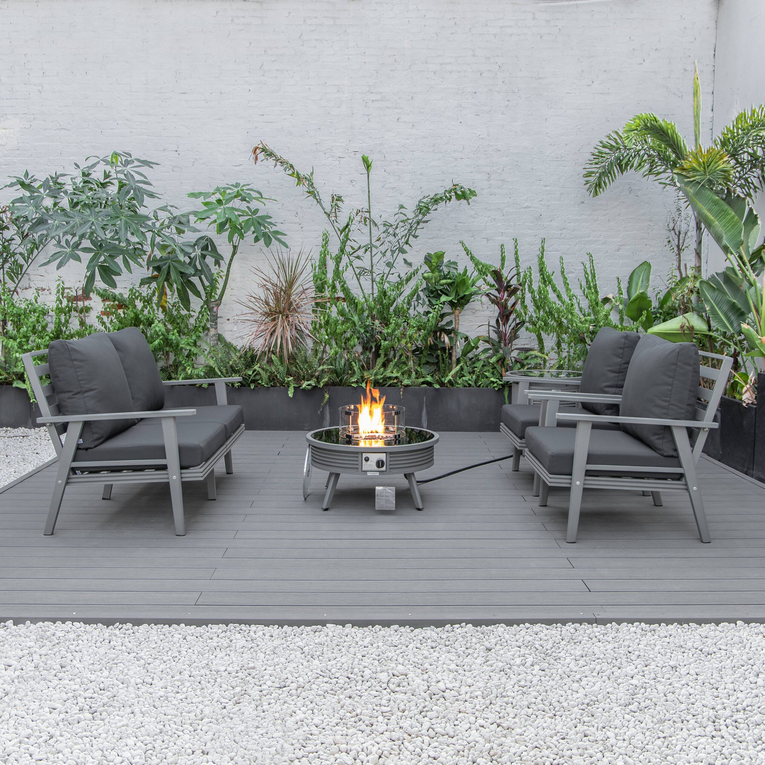 LeisureMod Walbrooke Modern Gray Patio Conversation With Round Fire Pit With Slats Design & Tank Holder - Charcoal