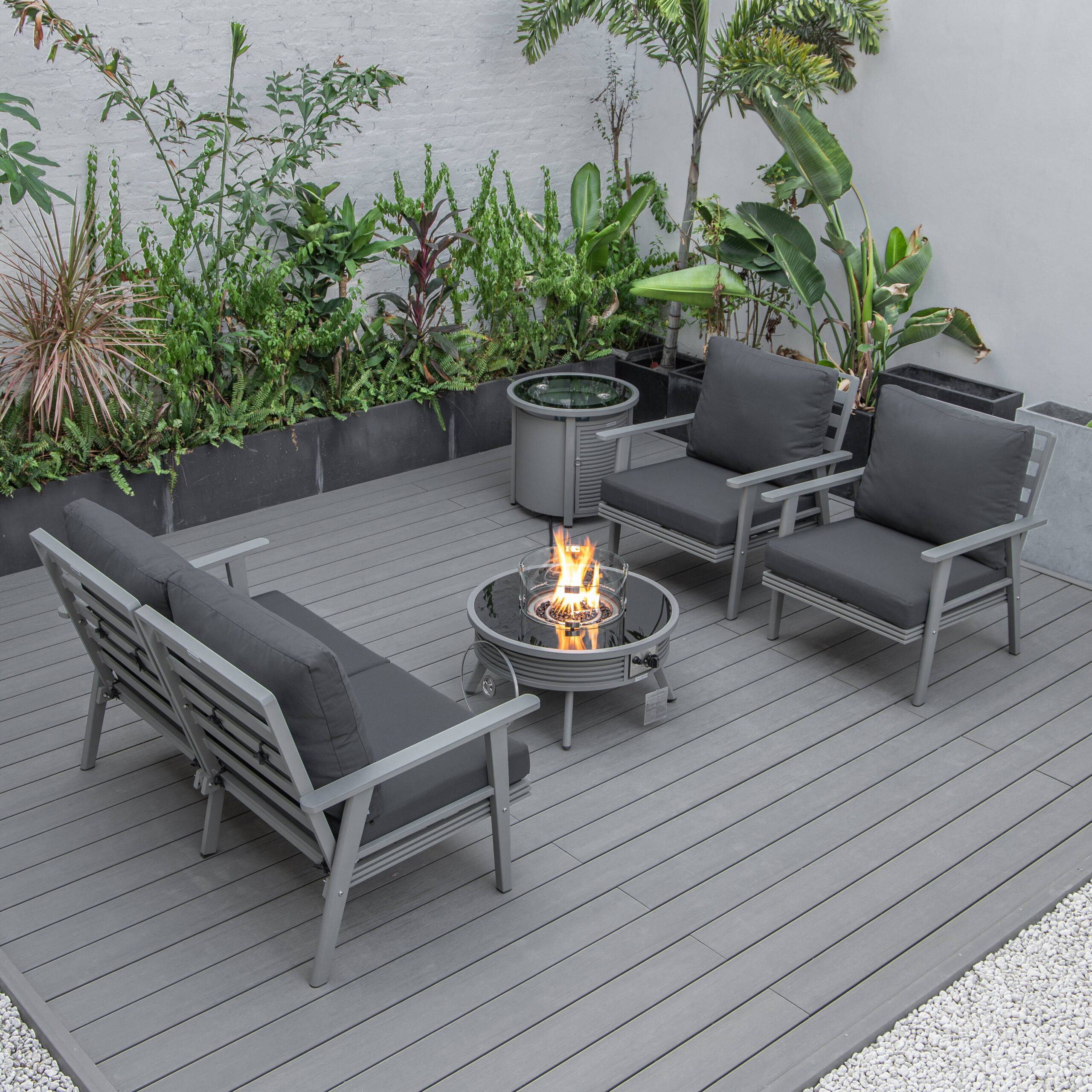 LeisureMod Walbrooke Modern Gray Patio Conversation With Round Fire Pit With Slats Design & Tank Holder - Charcoal