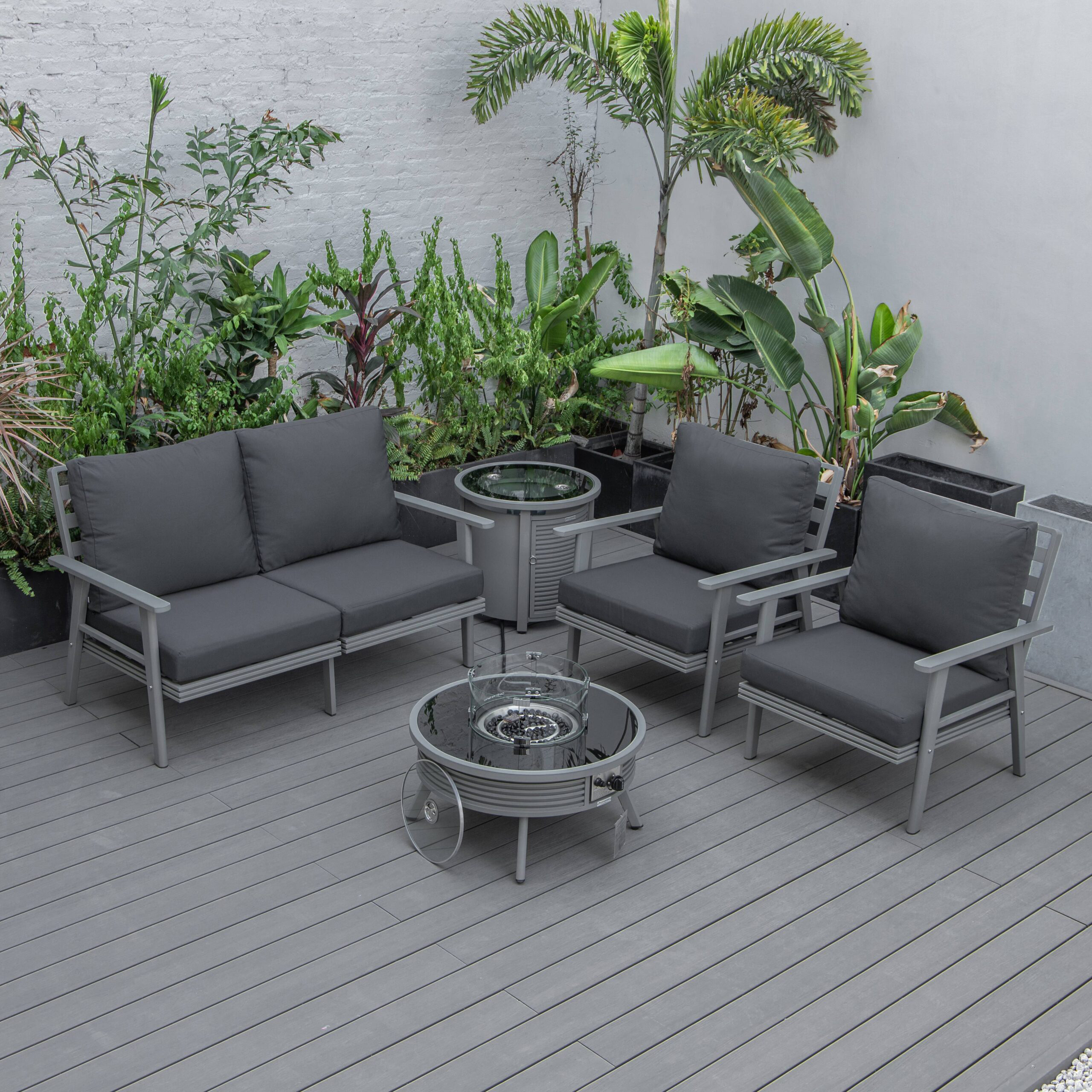 LeisureMod Walbrooke Modern Gray Patio Conversation With Round Fire Pit With Slats Design & Tank Holder - Charcoal