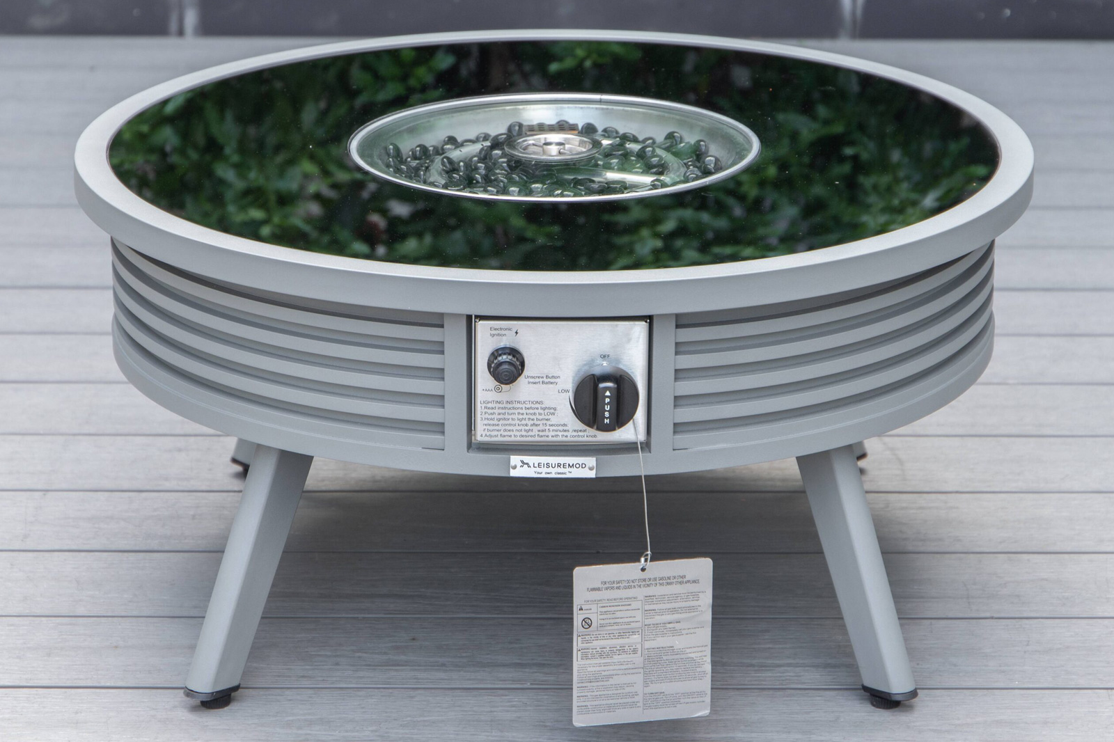 LeisureMod Walbrooke Modern Gray Patio Conversation With Round Fire Pit With Slats Design & Tank Holder - Charcoal