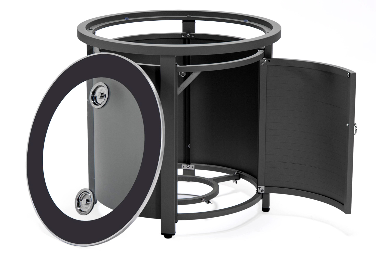 LeisureMod Walbrooke Modern Gray Patio Conversation With Round Fire Pit With Slats Design & Tank Holder - Charcoal