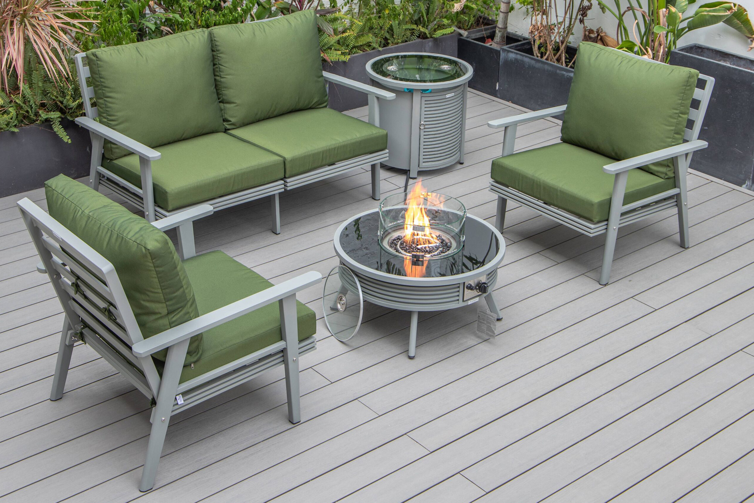 LeisureMod Walbrooke Modern Black Patio Conversation With Round Fire Pit With Slats Design & Tank Holder