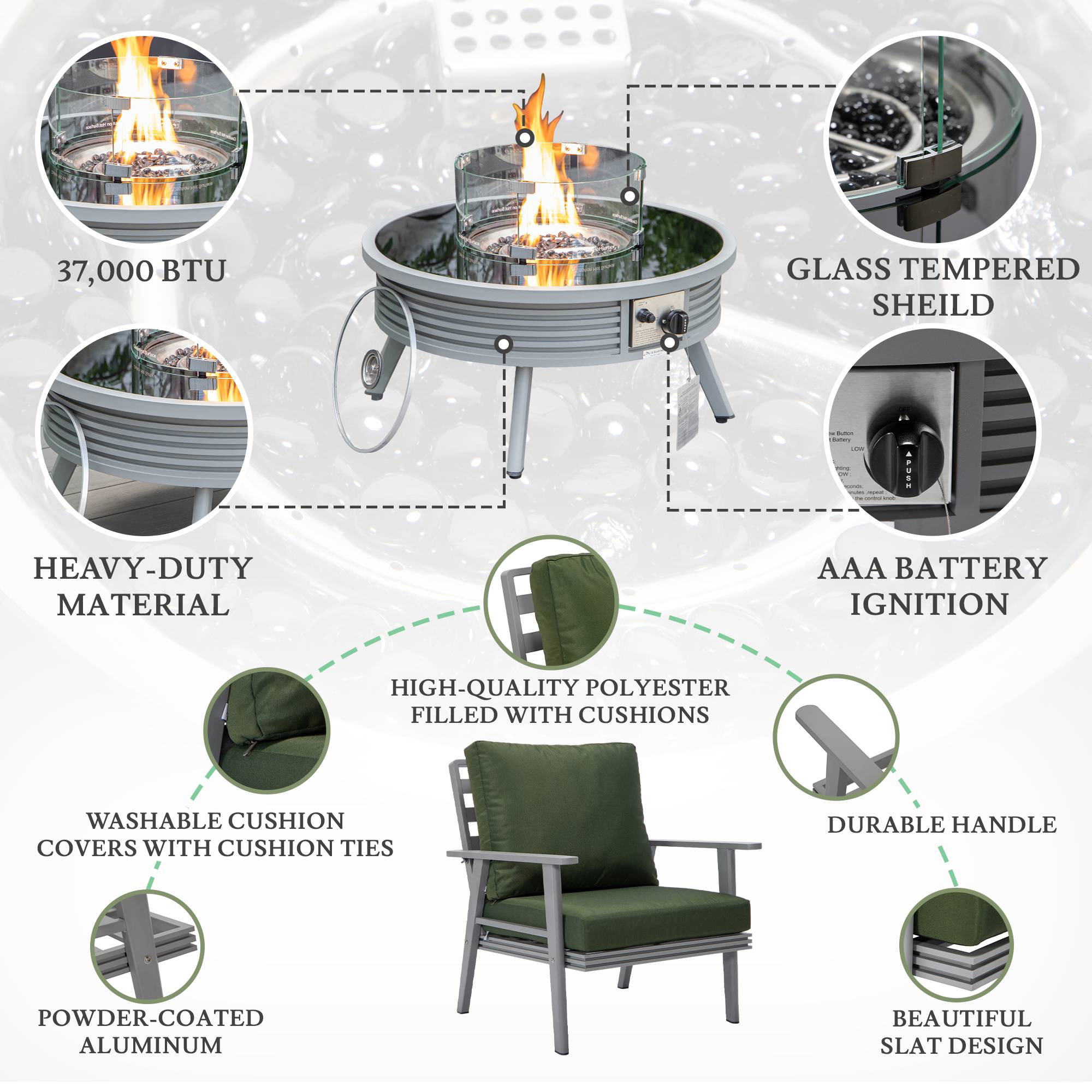 LeisureMod Walbrooke Modern Gray Patio Conversation With Round Fire Pit With Slats Design & Tank Holder - Green