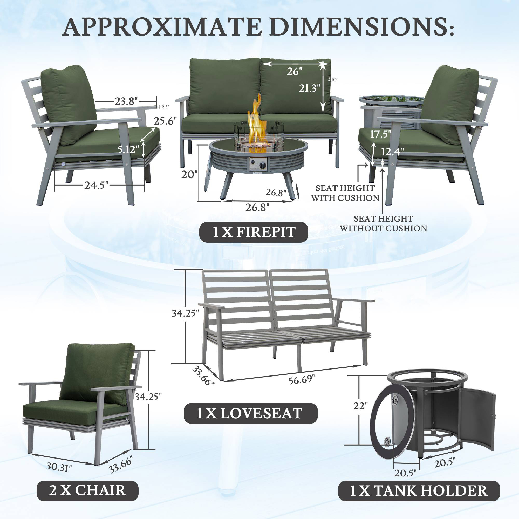 LeisureMod Walbrooke Modern Gray Patio Conversation With Round Fire Pit With Slats Design & Tank Holder - Green