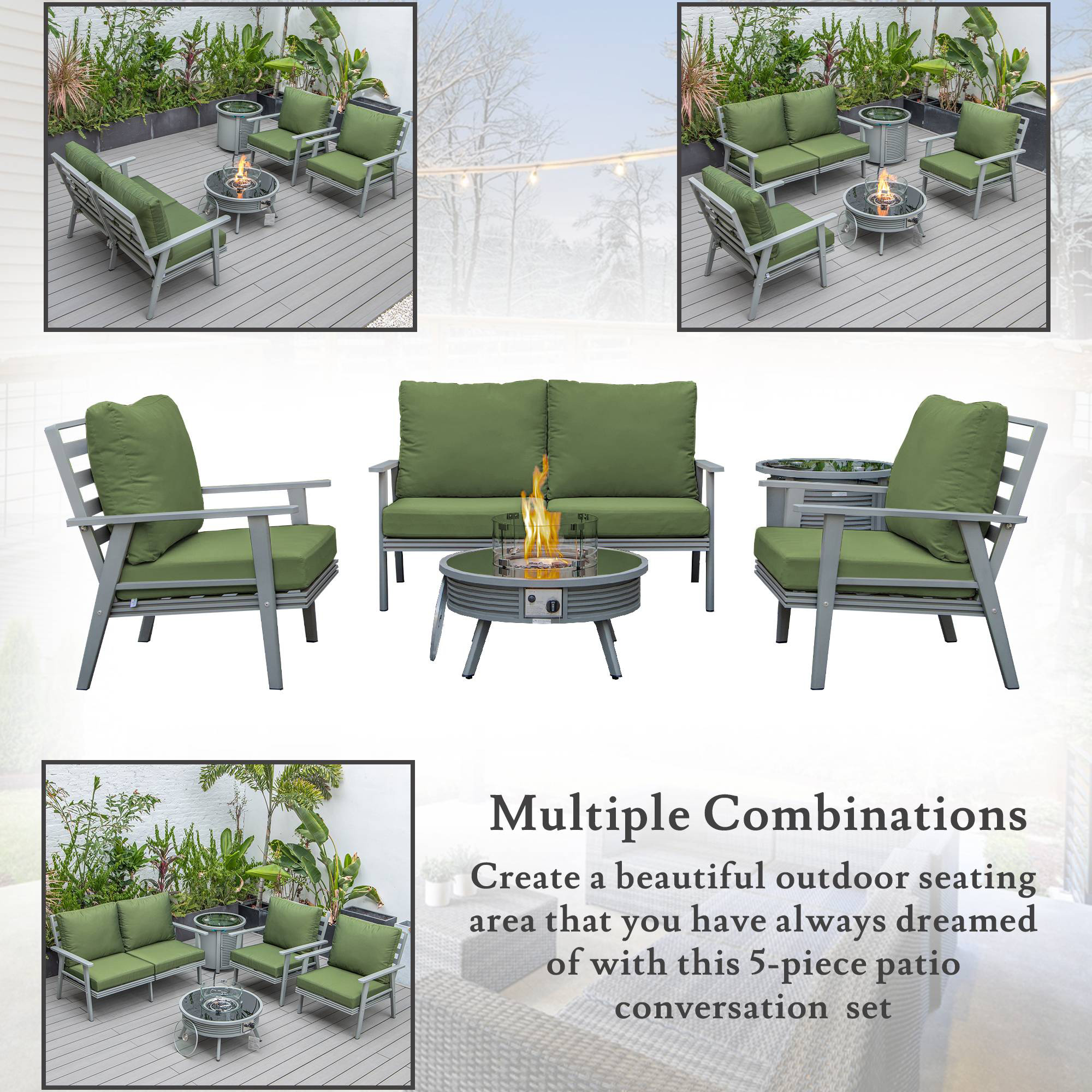 LeisureMod Walbrooke Modern Gray Patio Conversation With Round Fire Pit With Slats Design & Tank Holder - Green