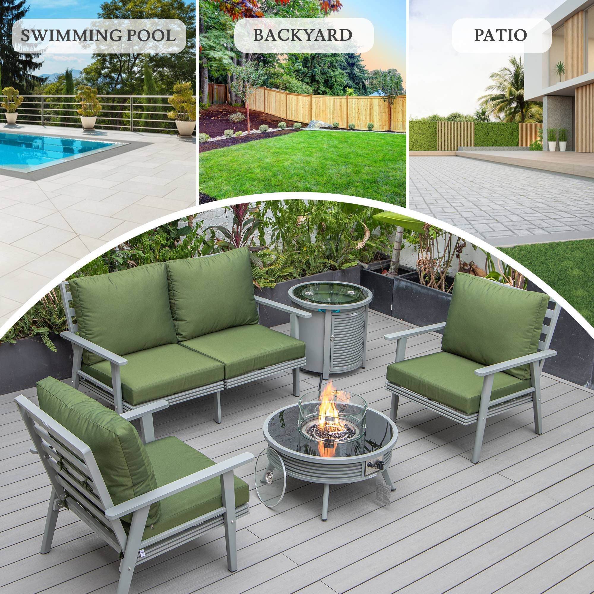 LeisureMod Walbrooke Modern Gray Patio Conversation With Round Fire Pit With Slats Design & Tank Holder - Green