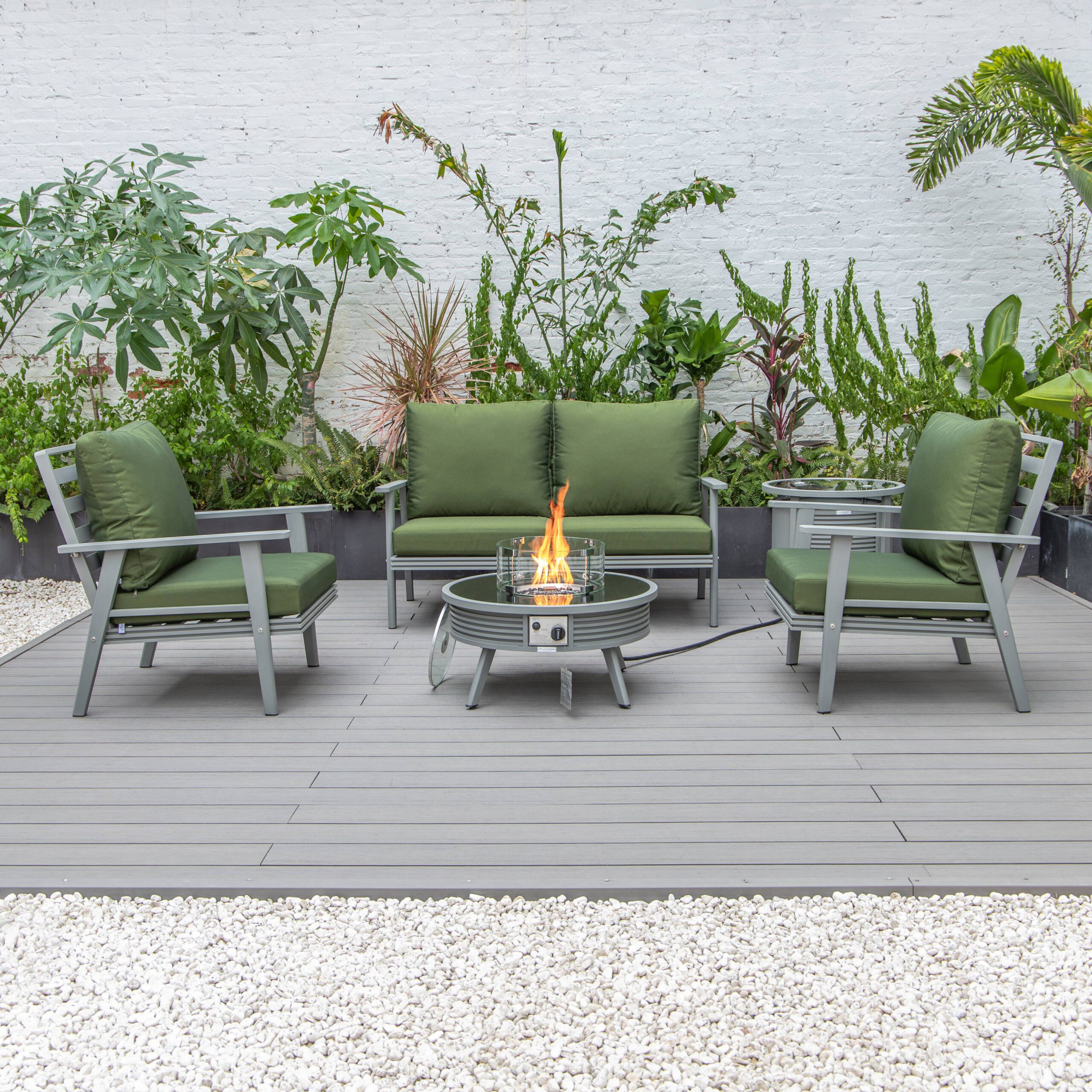 LeisureMod Walbrooke Modern Gray Patio Conversation With Round Fire Pit With Slats Design & Tank Holder - Green