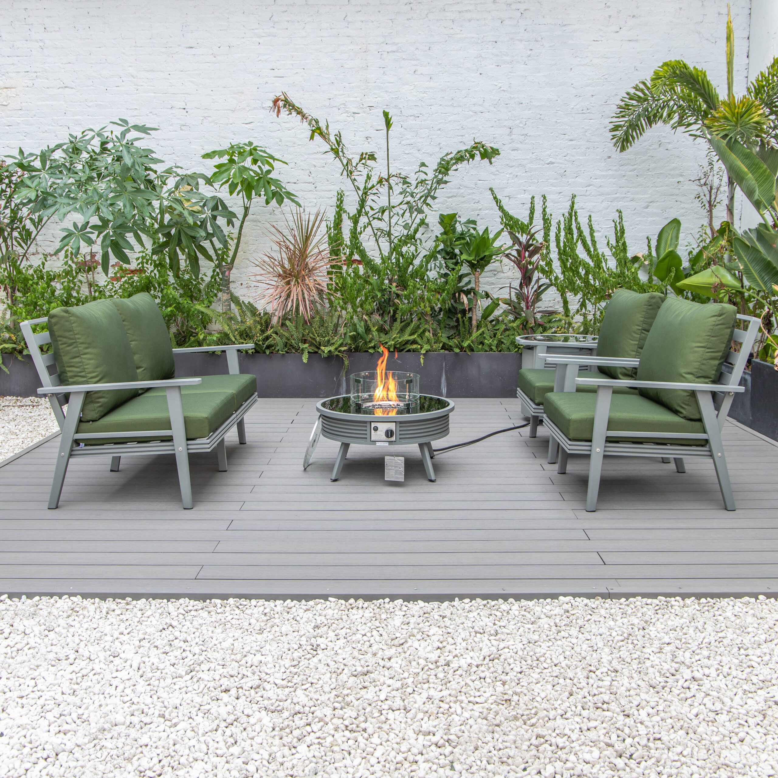 LeisureMod Walbrooke Modern Gray Patio Conversation With Round Fire Pit With Slats Design & Tank Holder - Green