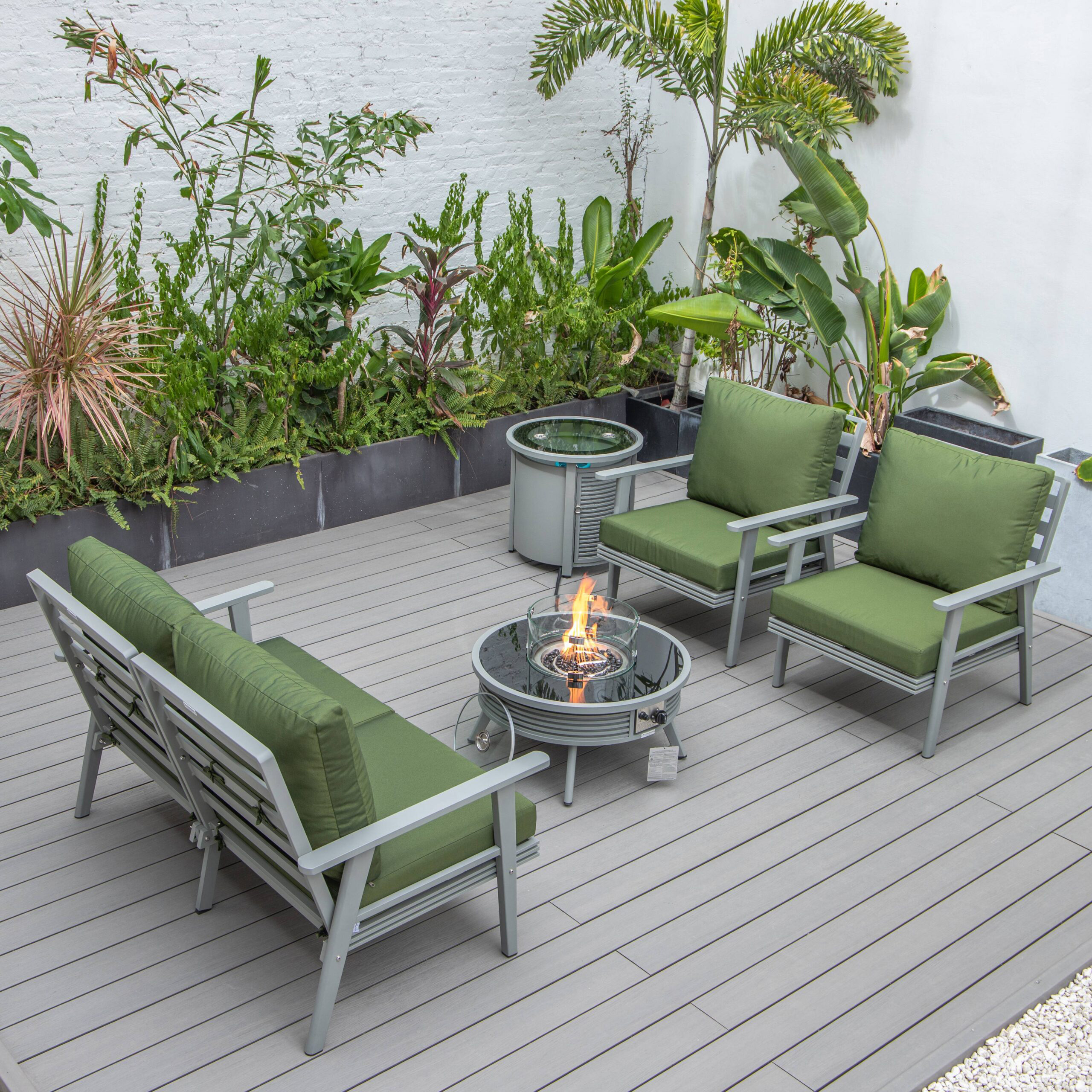 LeisureMod Walbrooke Modern Gray Patio Conversation With Round Fire Pit With Slats Design & Tank Holder - Green