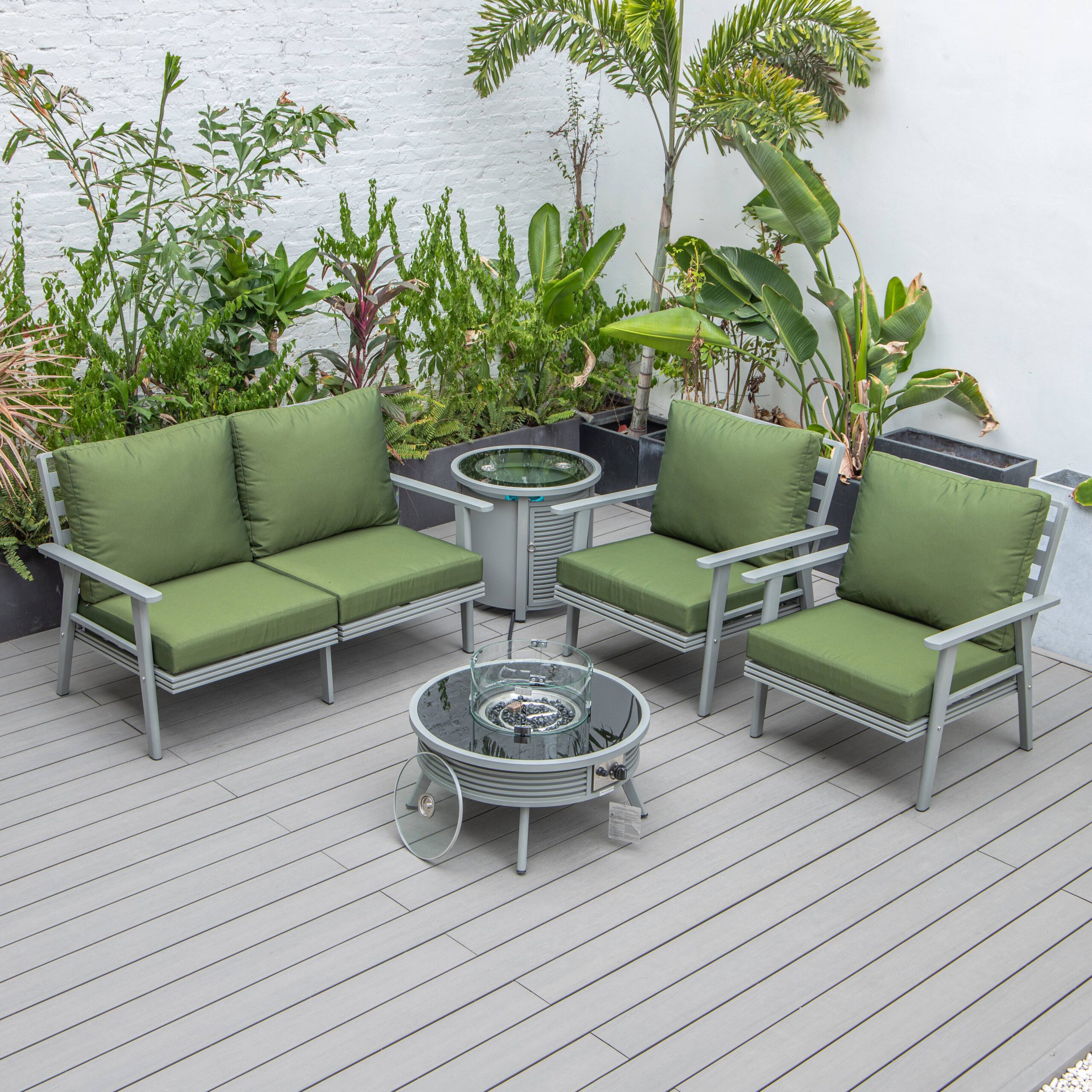 LeisureMod Walbrooke Modern Gray Patio Conversation With Round Fire Pit With Slats Design & Tank Holder - Green