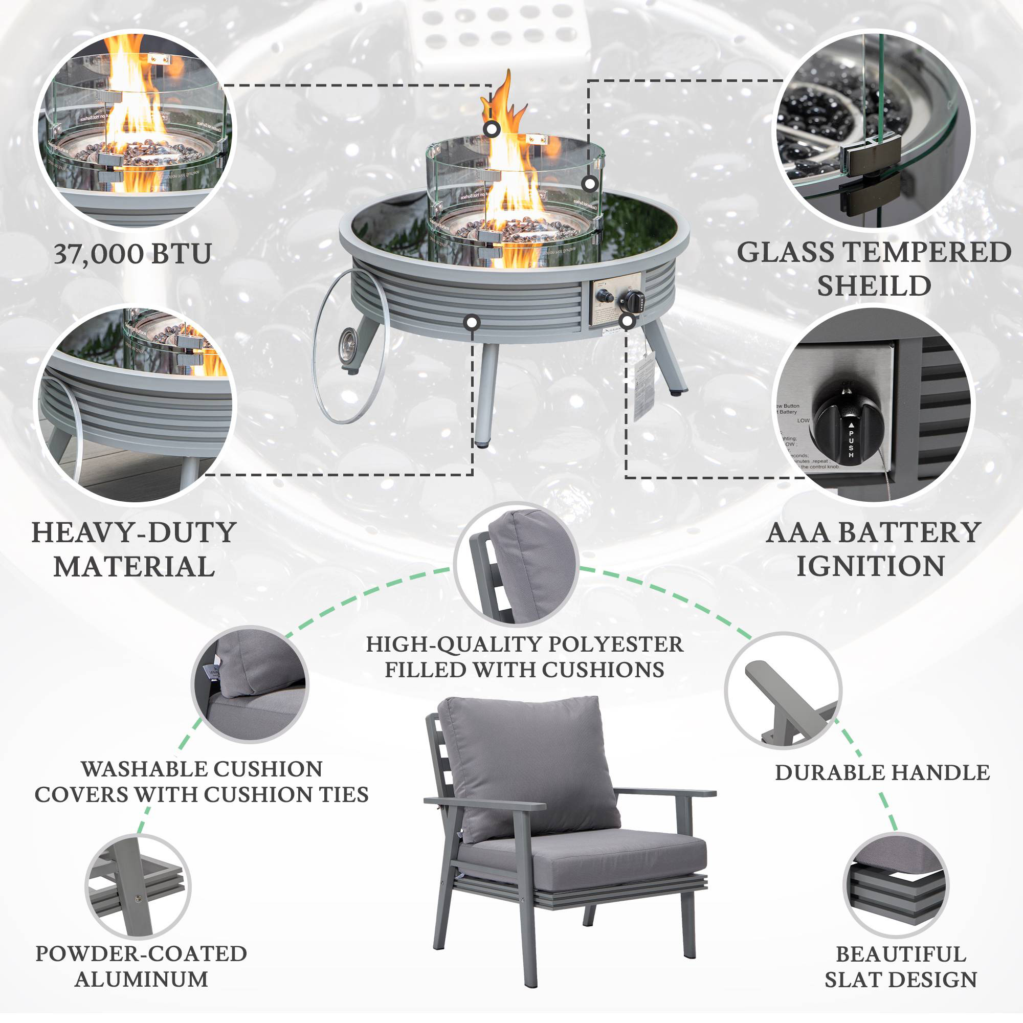 LeisureMod Walbrooke Modern Gray Patio Conversation With Round Fire Pit With Slats Design & Tank Holder - Gray