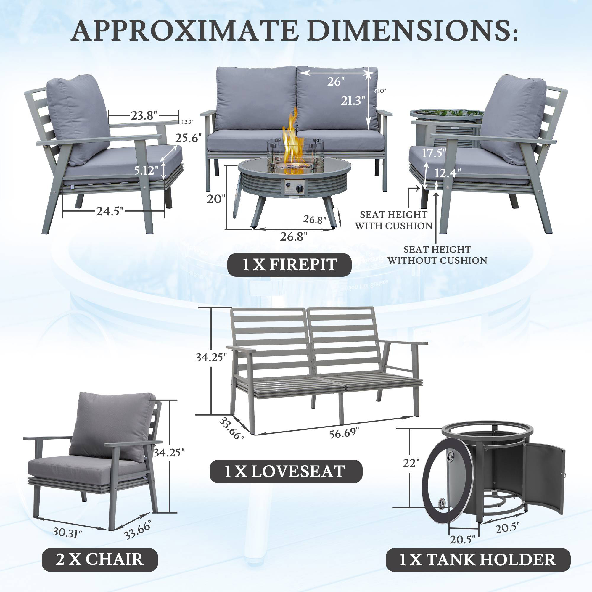 LeisureMod Walbrooke Modern Gray Patio Conversation With Round Fire Pit With Slats Design & Tank Holder - Gray