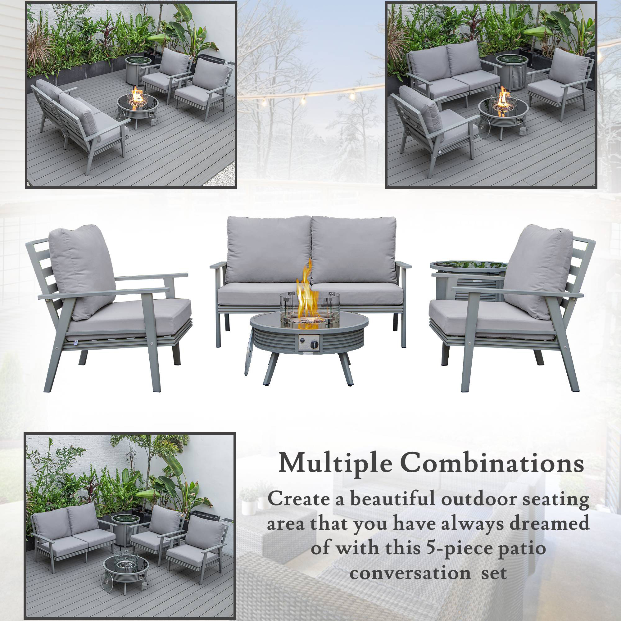 LeisureMod Walbrooke Modern Gray Patio Conversation With Round Fire Pit With Slats Design & Tank Holder - Gray