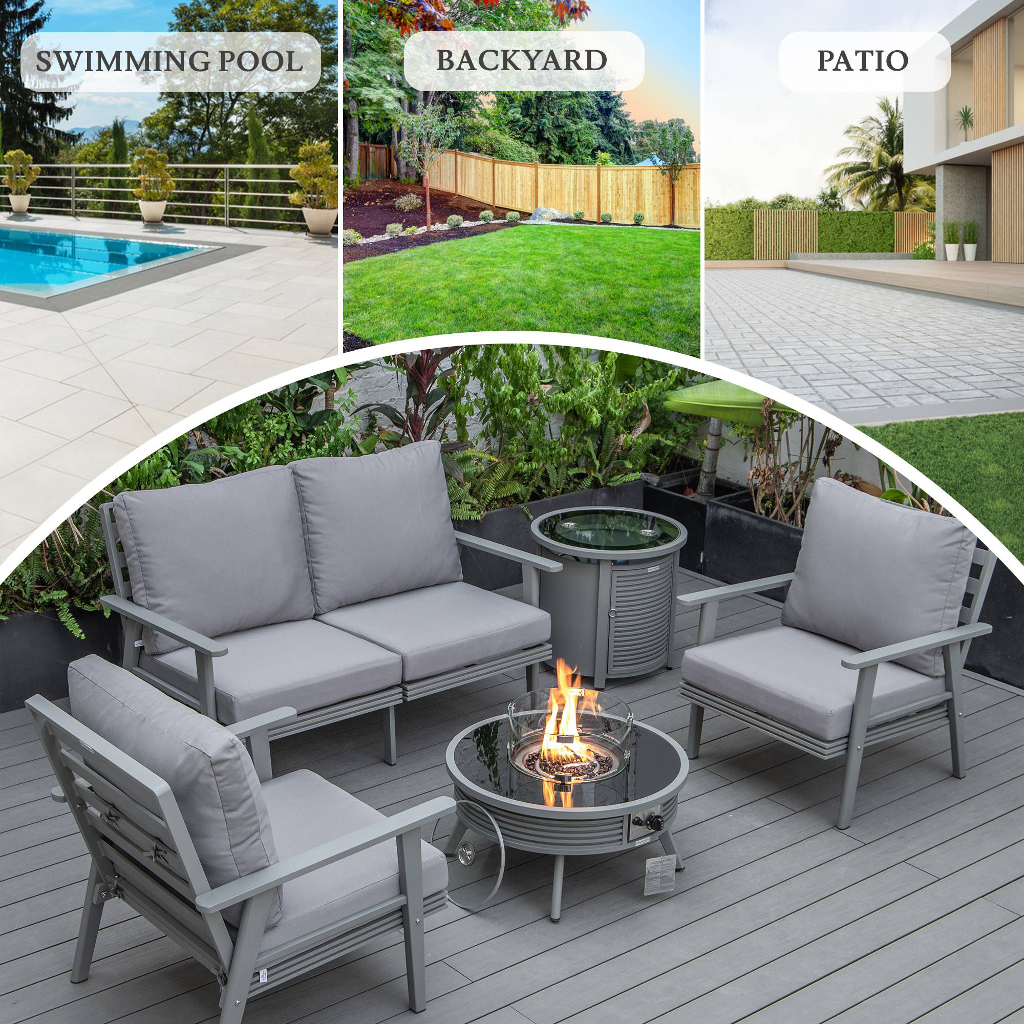 LeisureMod Walbrooke Modern Gray Patio Conversation With Round Fire Pit With Slats Design & Tank Holder - Gray