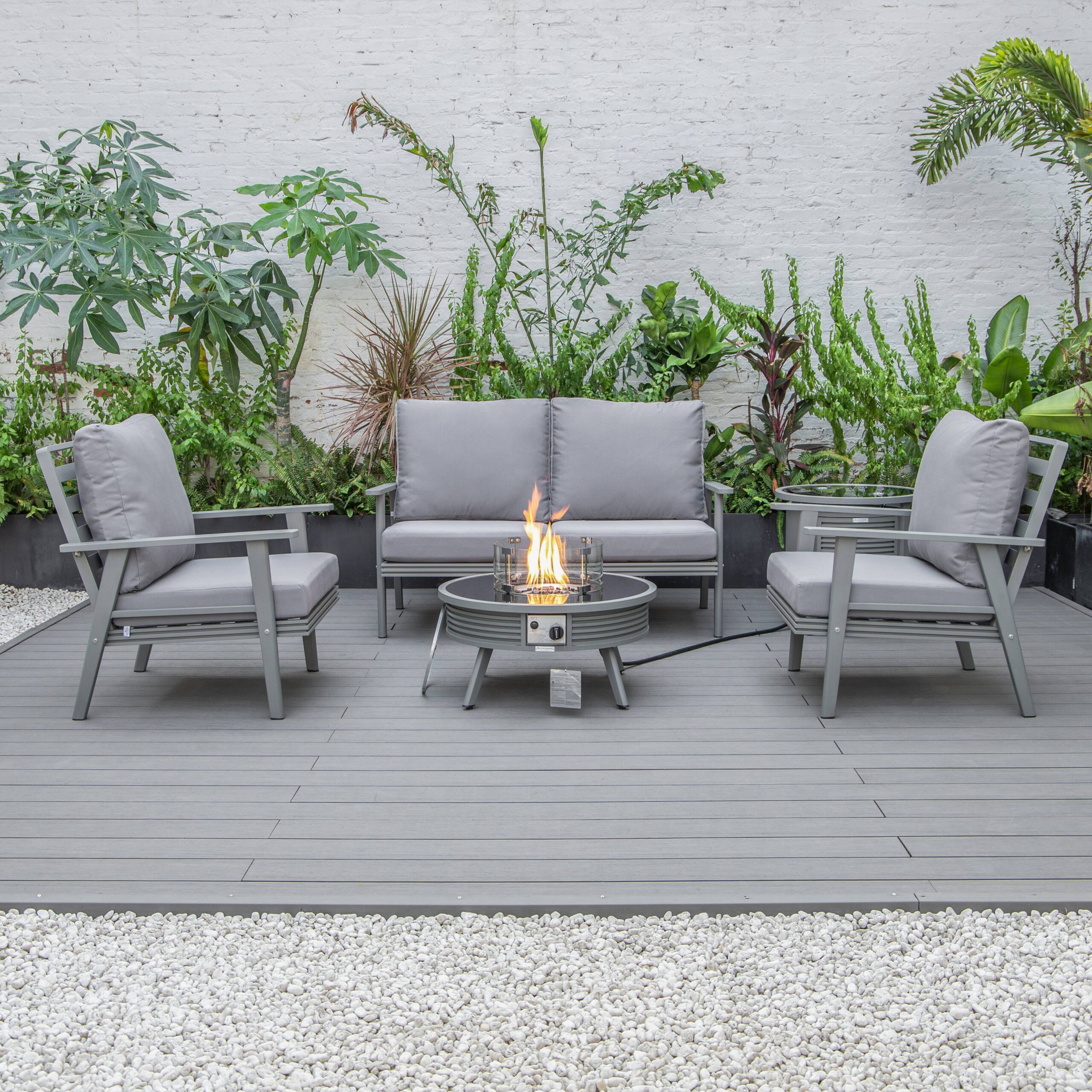 LeisureMod Walbrooke Modern Gray Patio Conversation With Round Fire Pit With Slats Design & Tank Holder - Gray