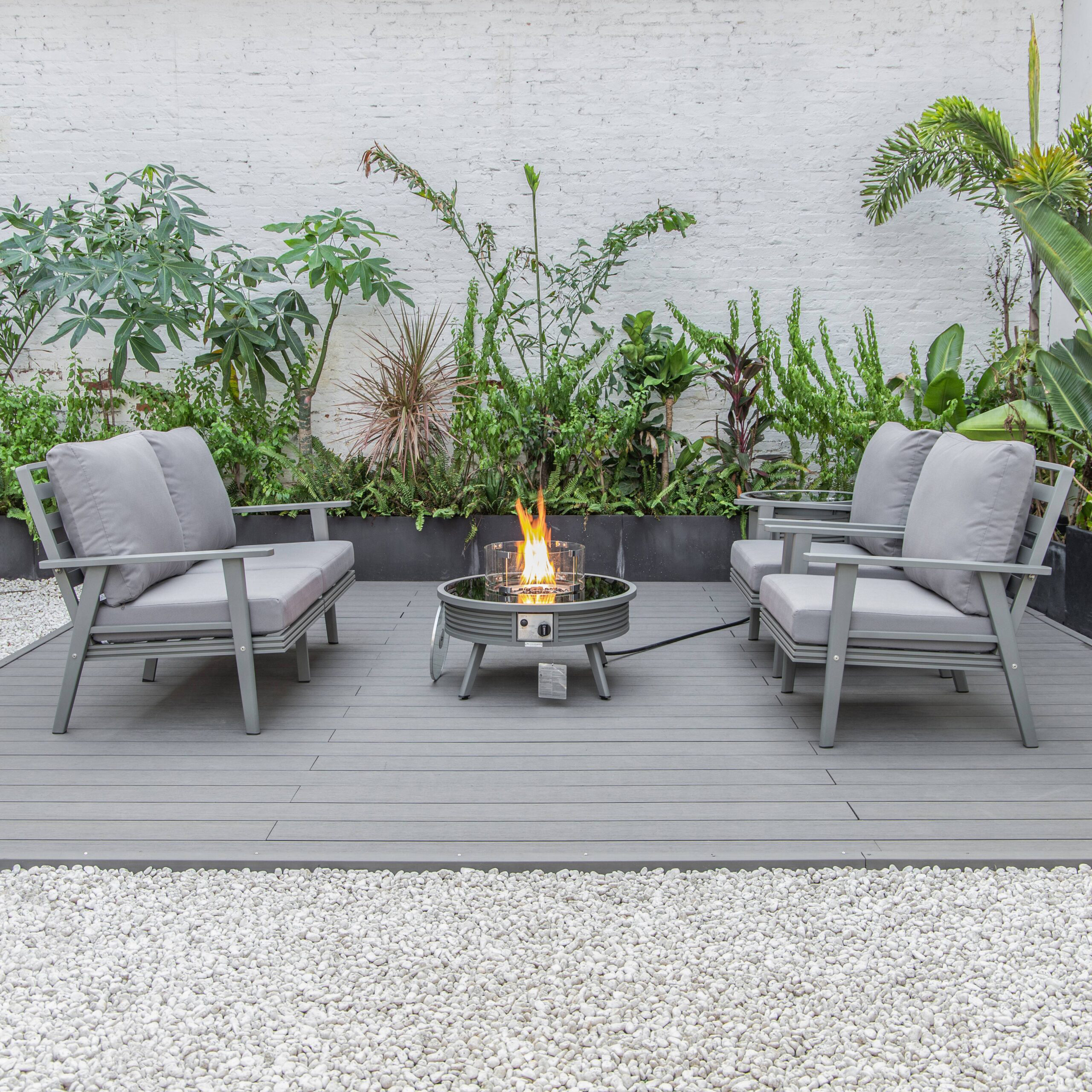 LeisureMod Walbrooke Modern Gray Patio Conversation With Round Fire Pit With Slats Design & Tank Holder - Gray