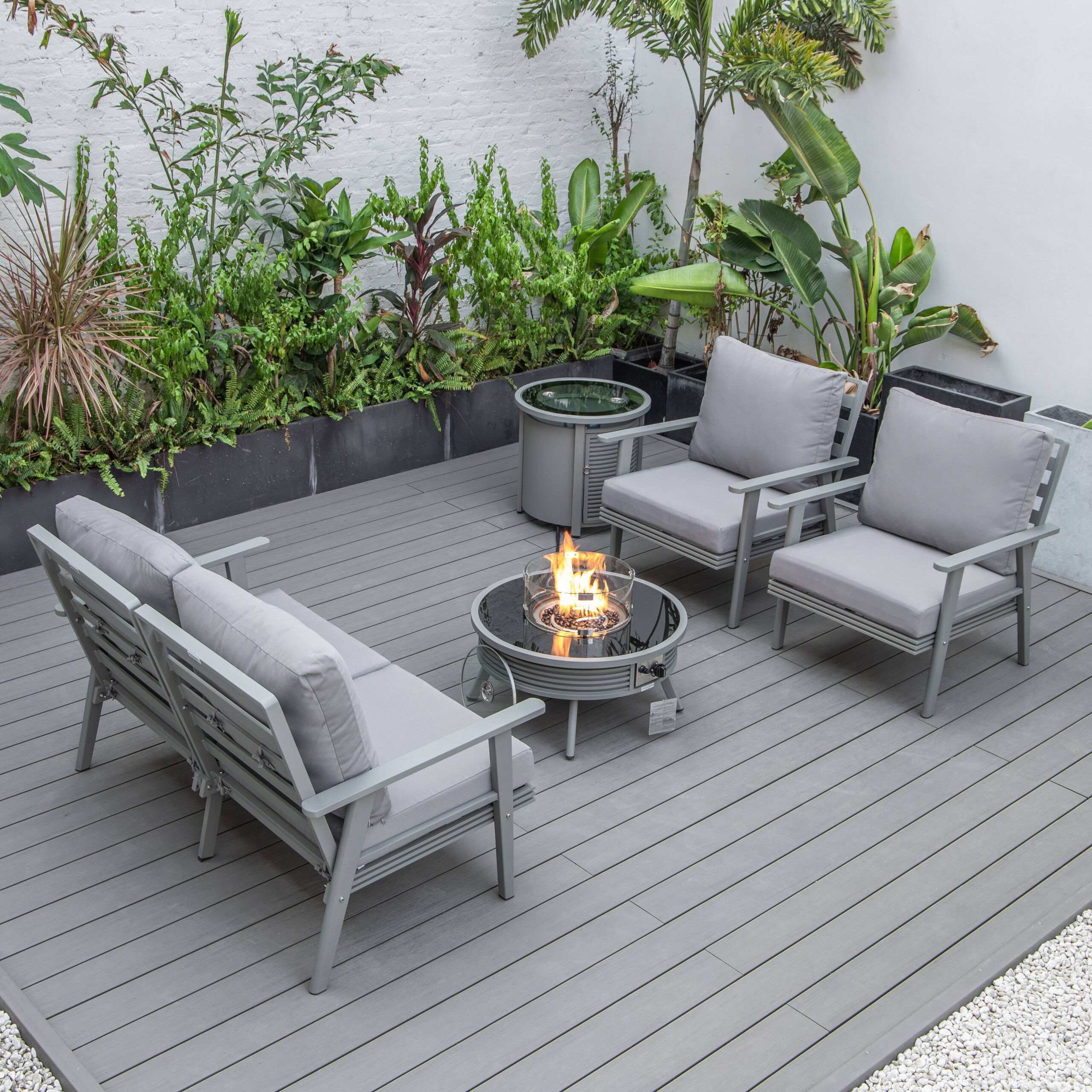 LeisureMod Walbrooke Modern Gray Patio Conversation With Round Fire Pit With Slats Design & Tank Holder - Gray