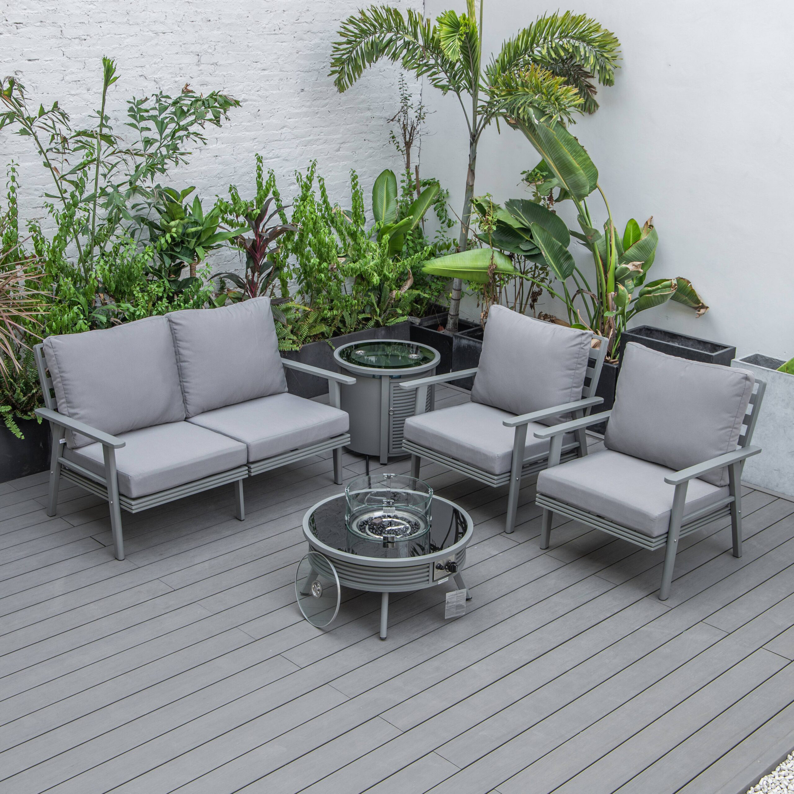 LeisureMod Walbrooke Modern Gray Patio Conversation With Round Fire Pit With Slats Design & Tank Holder - Gray