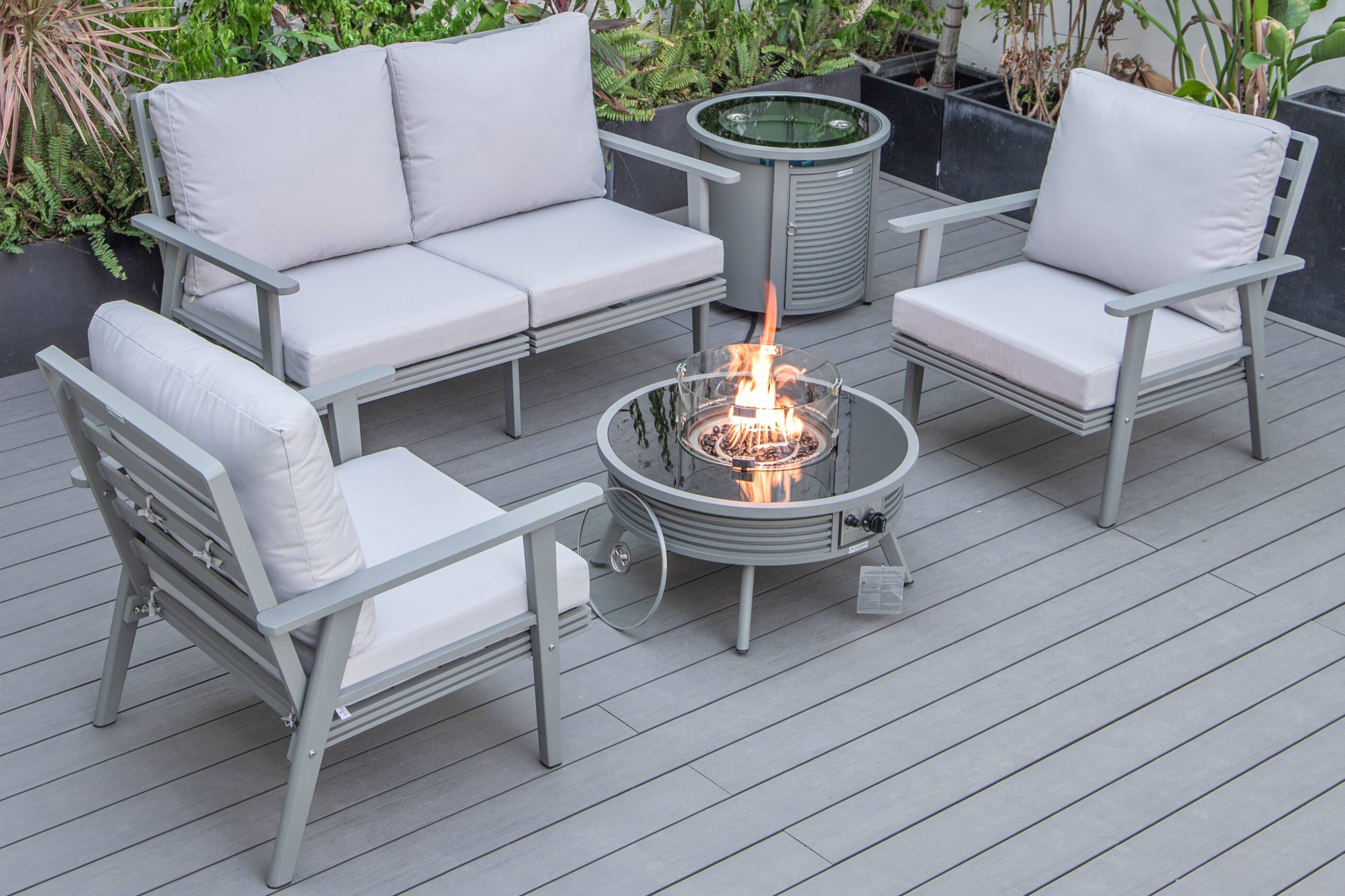 LeisureMod Walbrooke Modern Black Patio Conversation With Round Fire Pit With Slats Design & Tank Holder