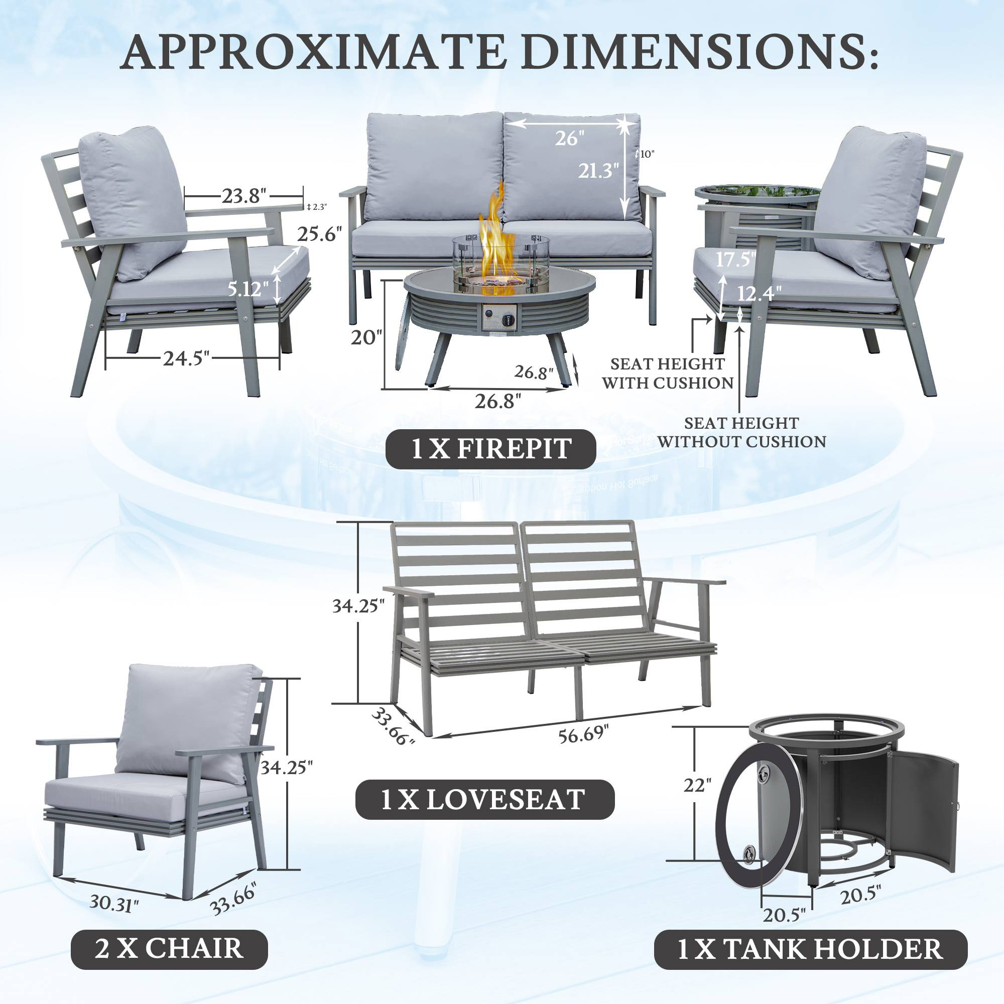 LeisureMod Walbrooke Modern Gray Patio Conversation With Round Fire Pit With Slats Design & Tank Holder - Light Gray