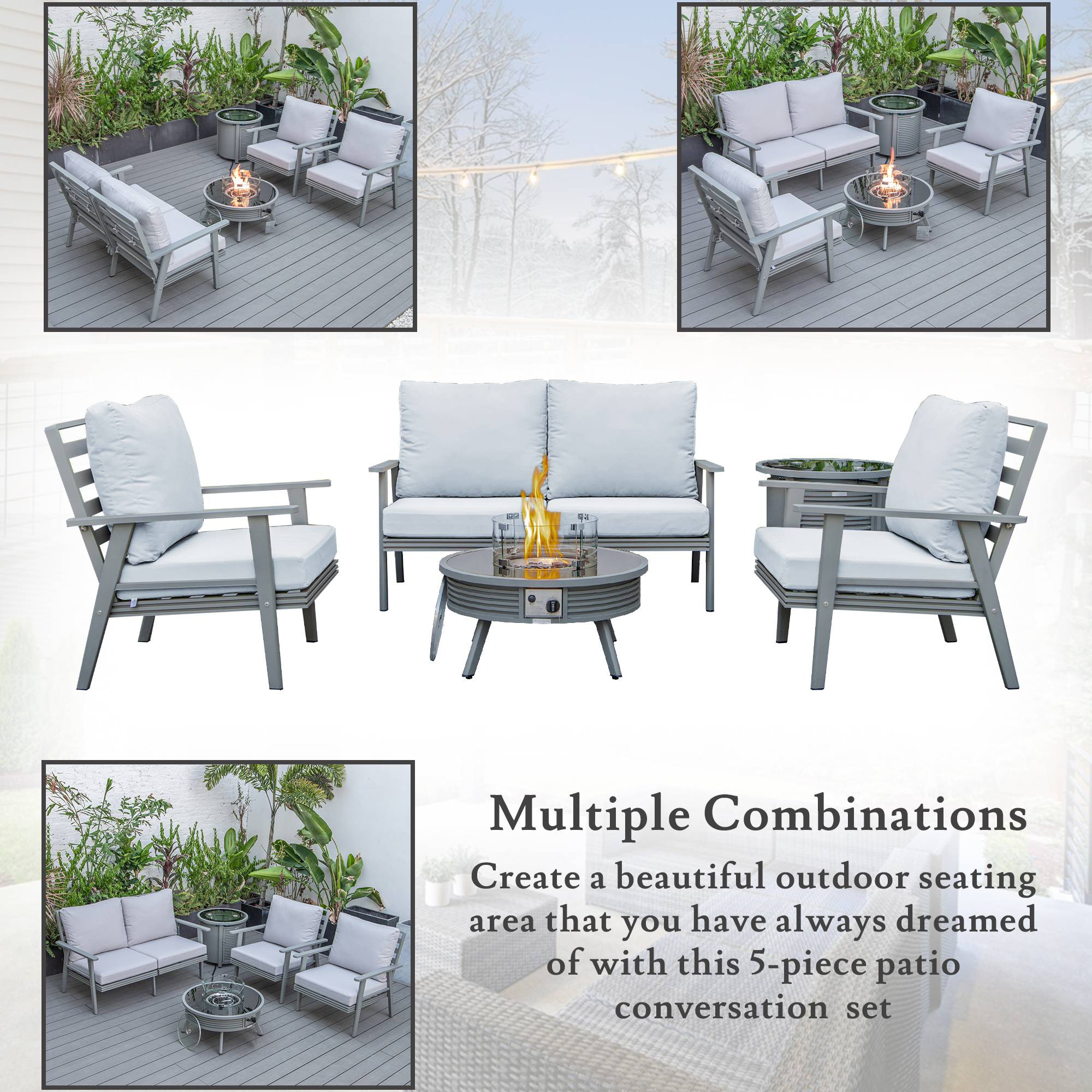 LeisureMod Walbrooke Modern Gray Patio Conversation With Round Fire Pit With Slats Design & Tank Holder - Light Gray