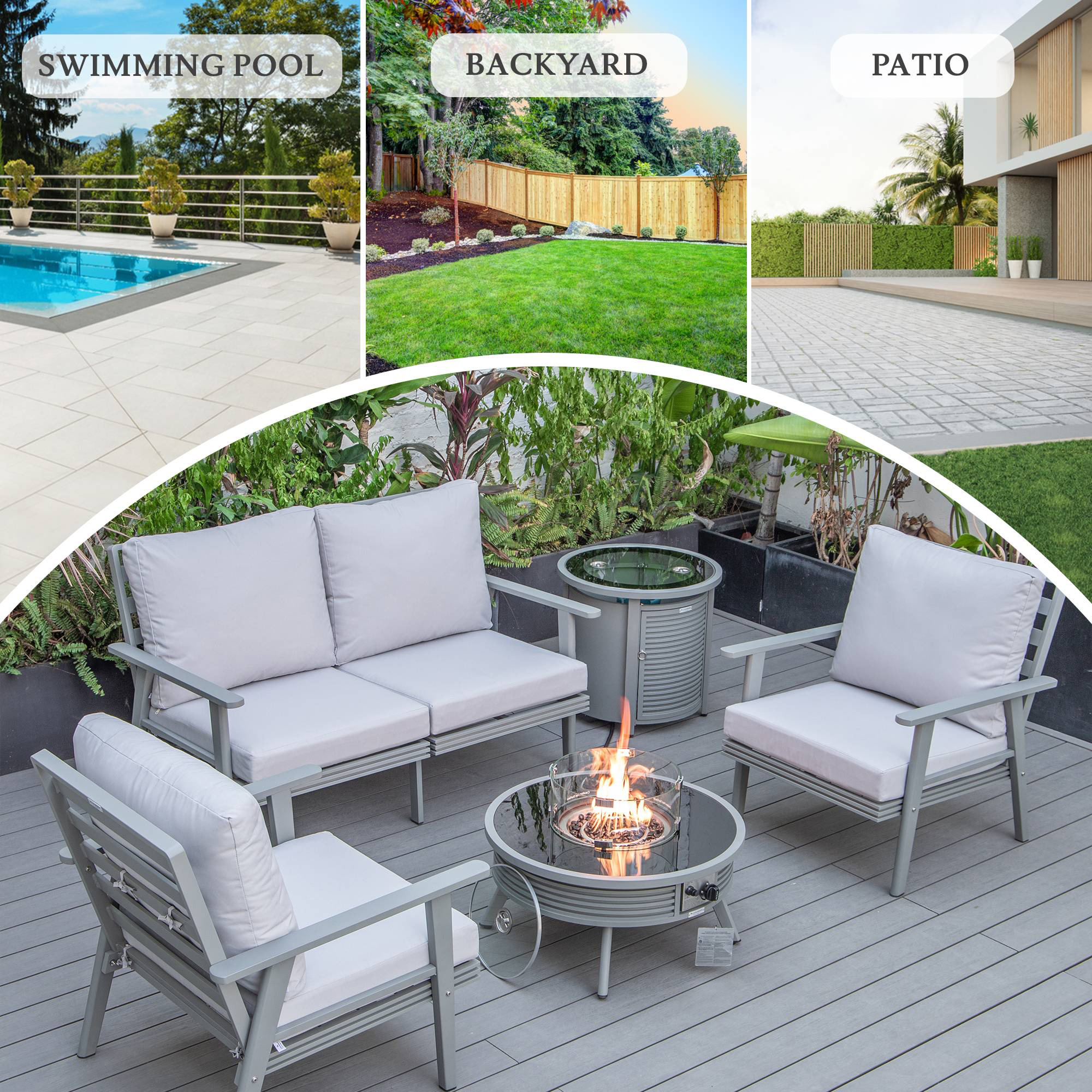 LeisureMod Walbrooke Modern Gray Patio Conversation With Round Fire Pit With Slats Design & Tank Holder - Light Gray