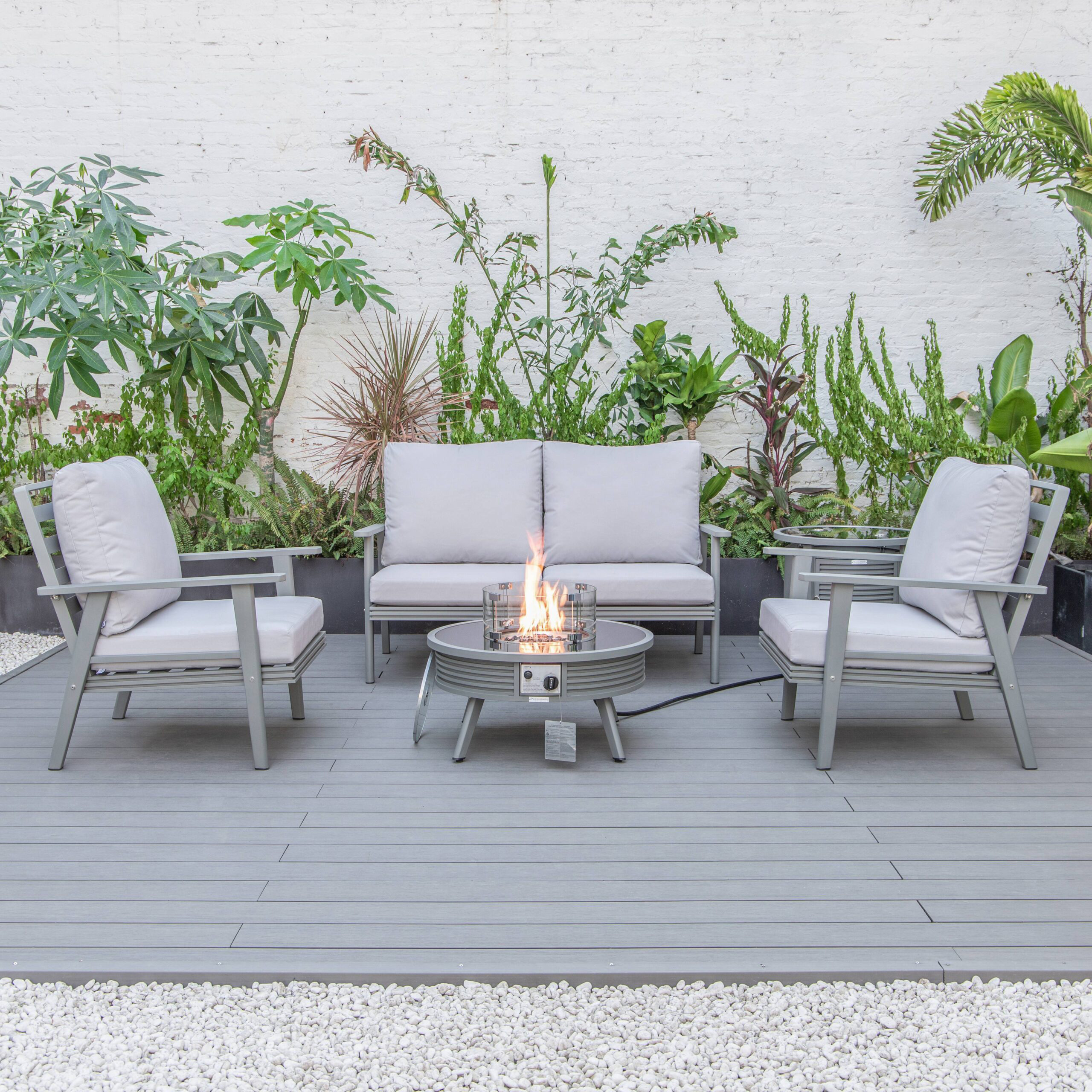 LeisureMod Walbrooke Modern Gray Patio Conversation With Round Fire Pit With Slats Design & Tank Holder - Light Gray