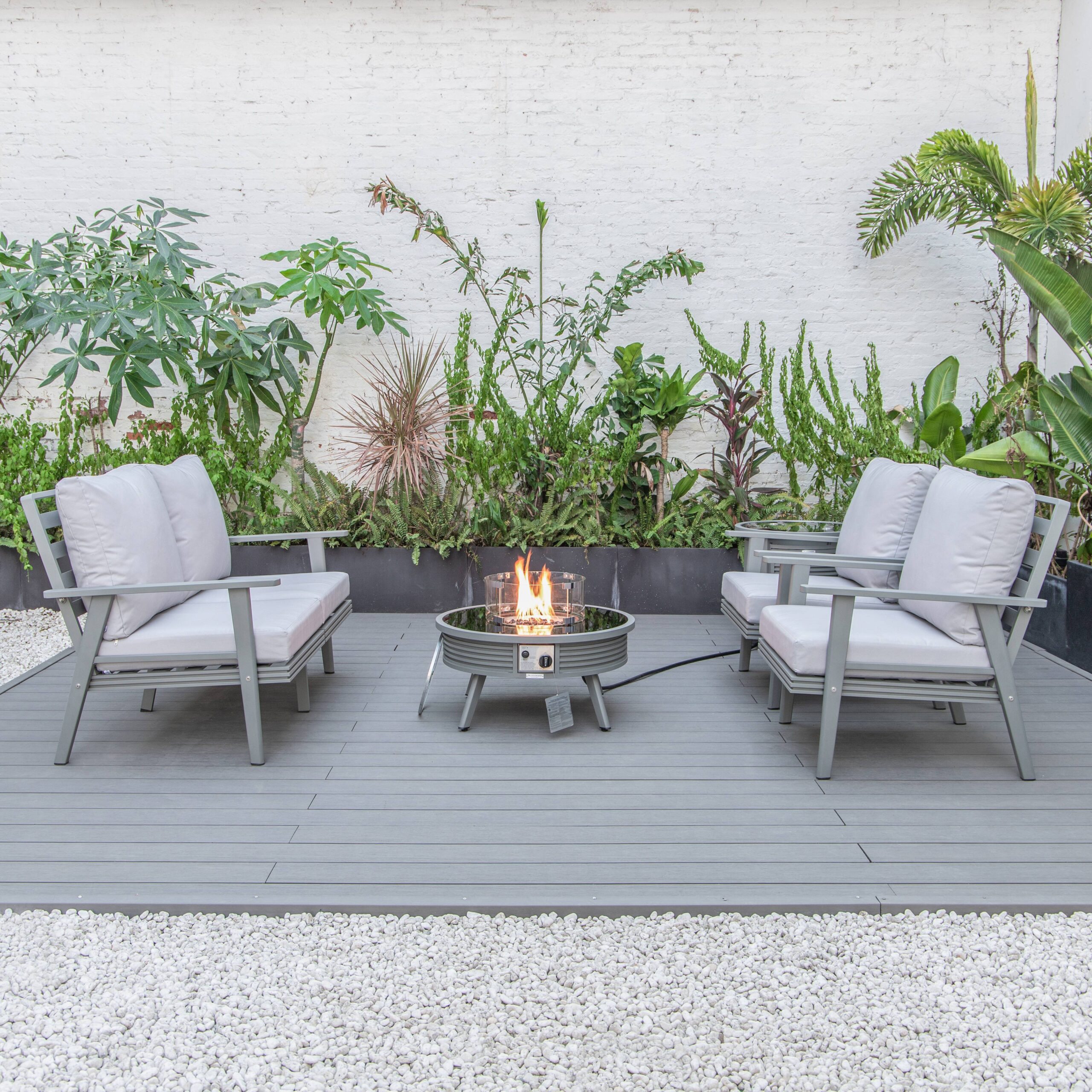 LeisureMod Walbrooke Modern Gray Patio Conversation With Round Fire Pit With Slats Design & Tank Holder - Light Gray