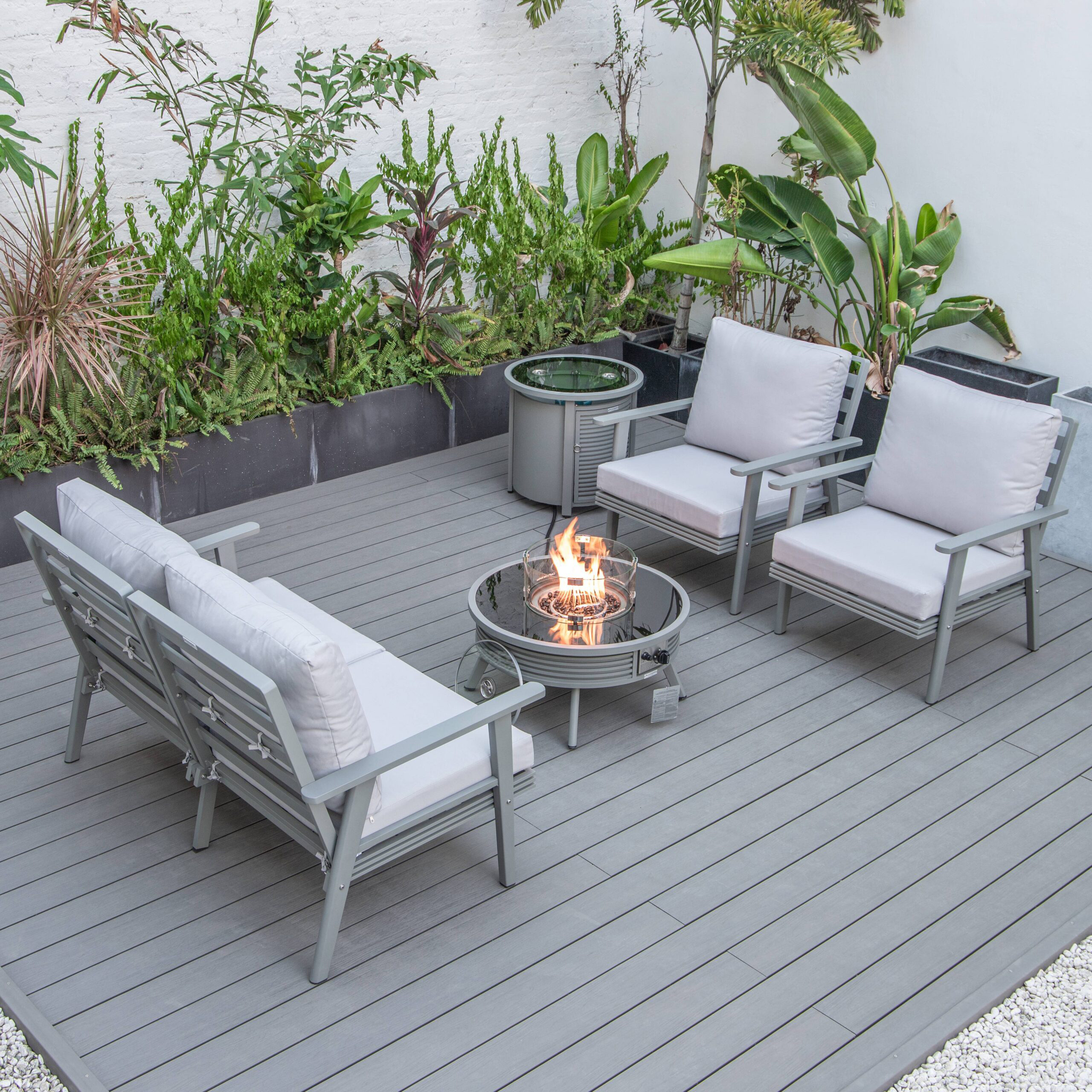 LeisureMod Walbrooke Modern Gray Patio Conversation With Round Fire Pit With Slats Design & Tank Holder - Light Gray