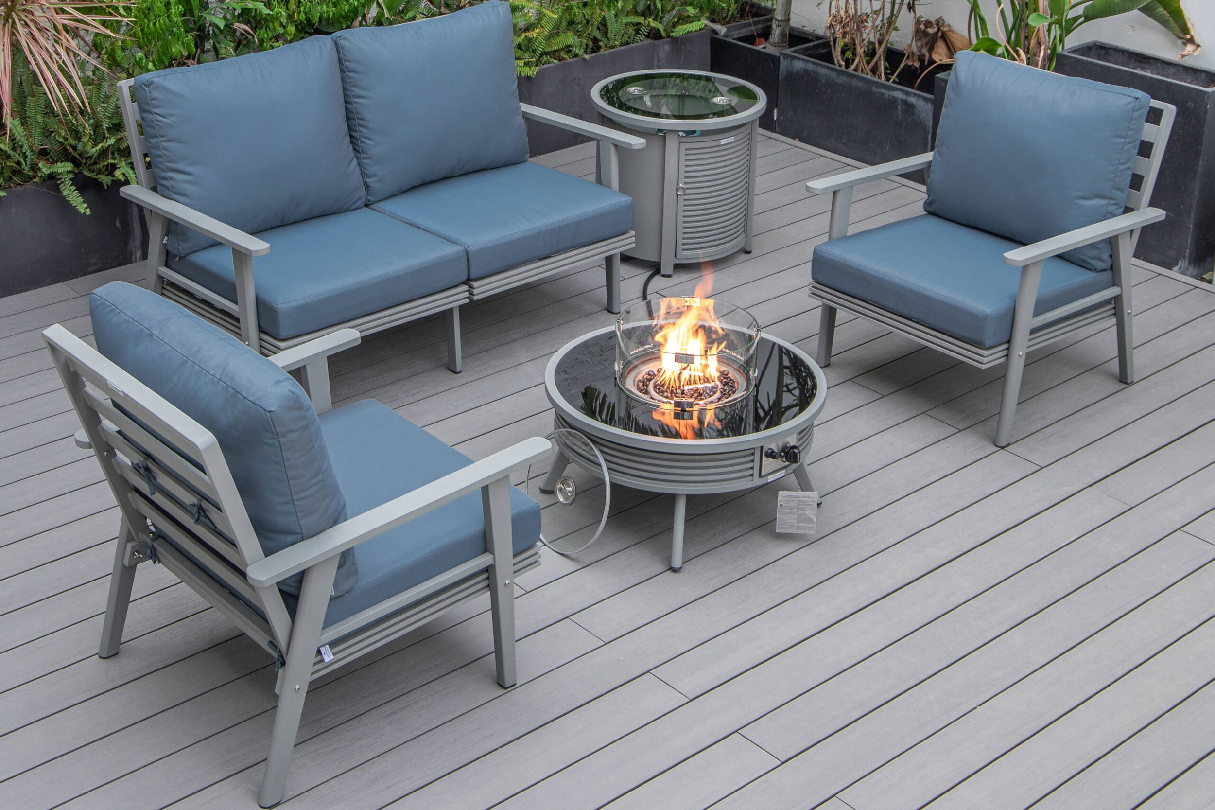 LeisureMod Walbrooke Modern Black Patio Conversation With Round Fire Pit With Slats Design & Tank Holder