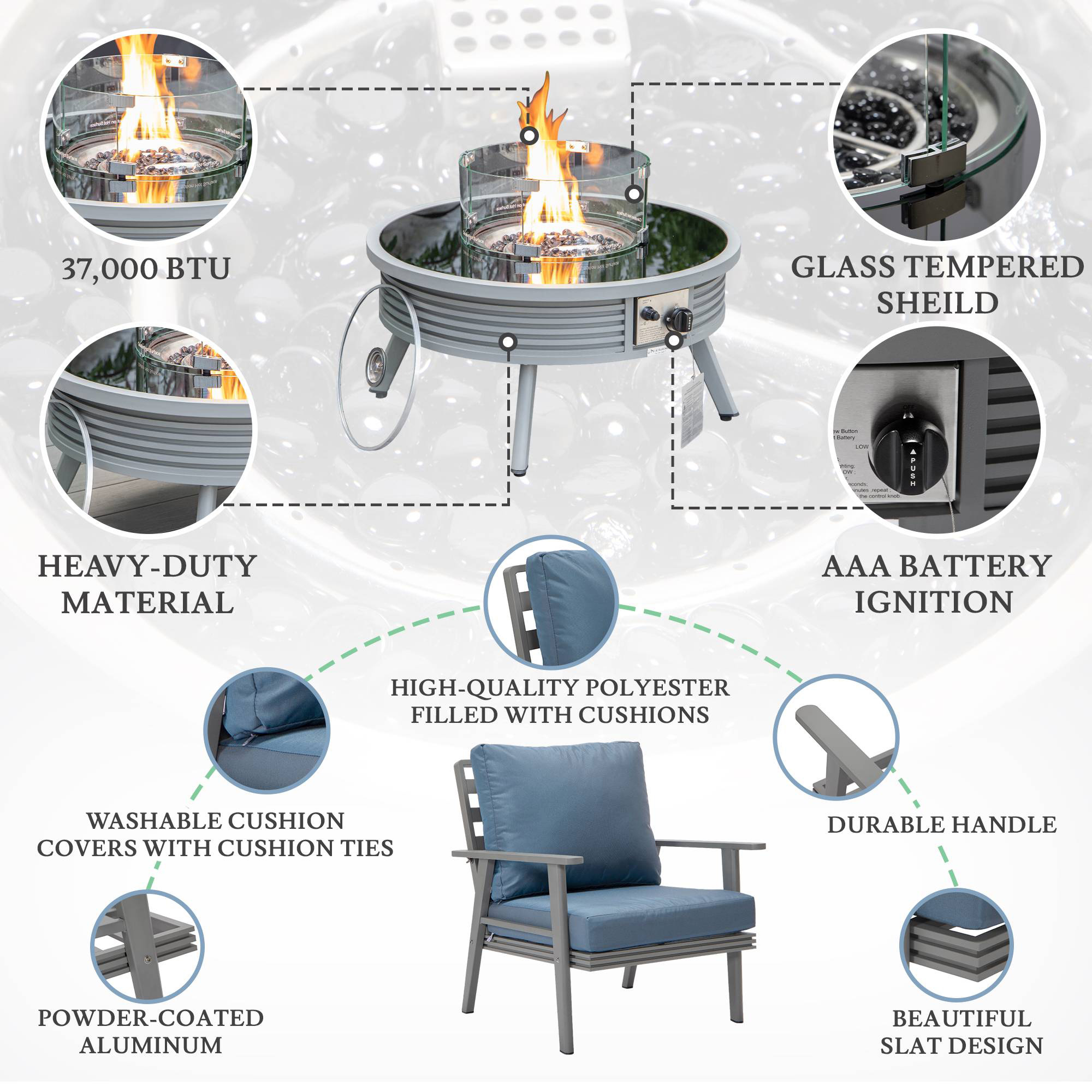 LeisureMod Walbrooke Modern Gray Patio Conversation With Round Fire Pit With Slats Design & Tank Holder - Navy Blue