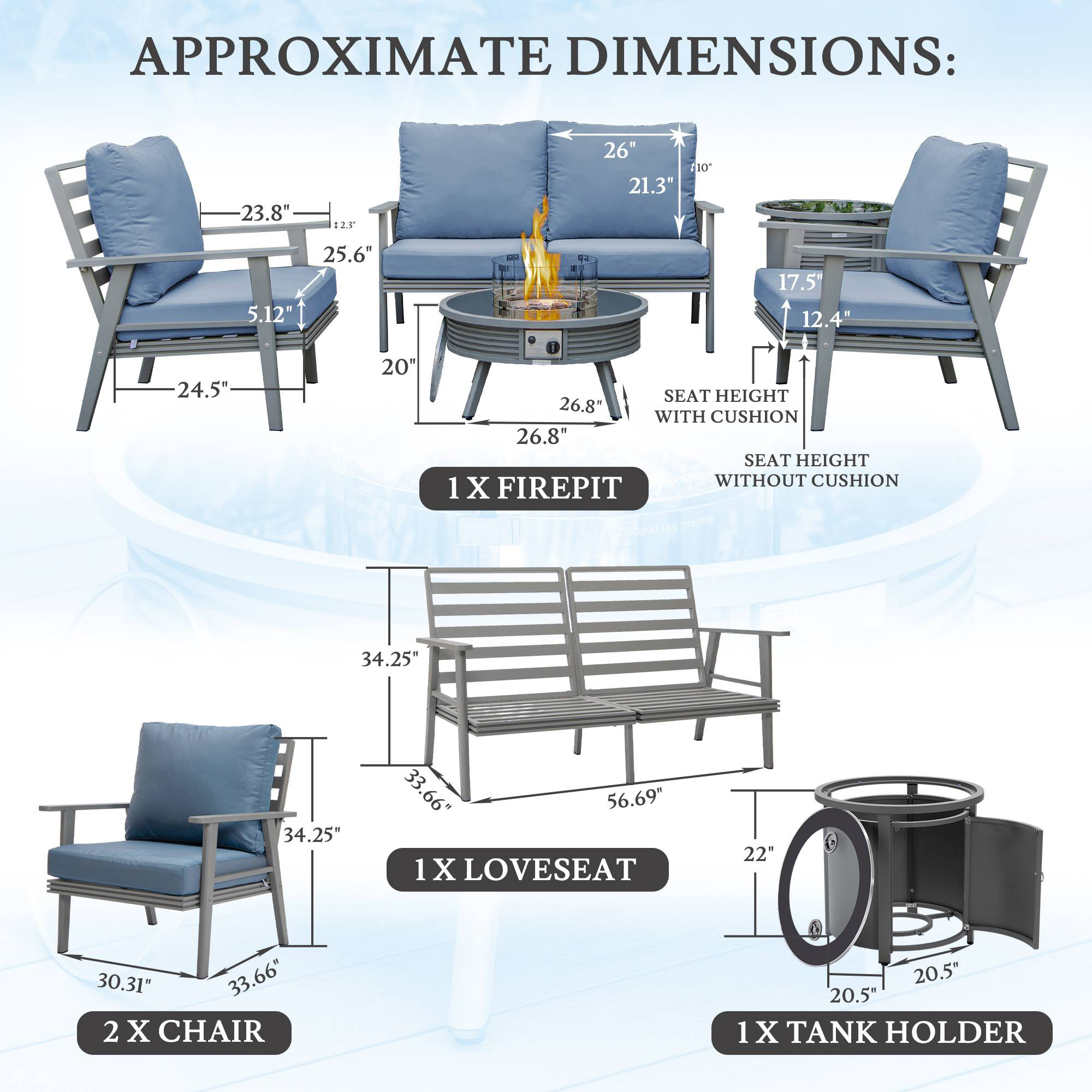 LeisureMod Walbrooke Modern Gray Patio Conversation With Round Fire Pit With Slats Design & Tank Holder - Navy Blue