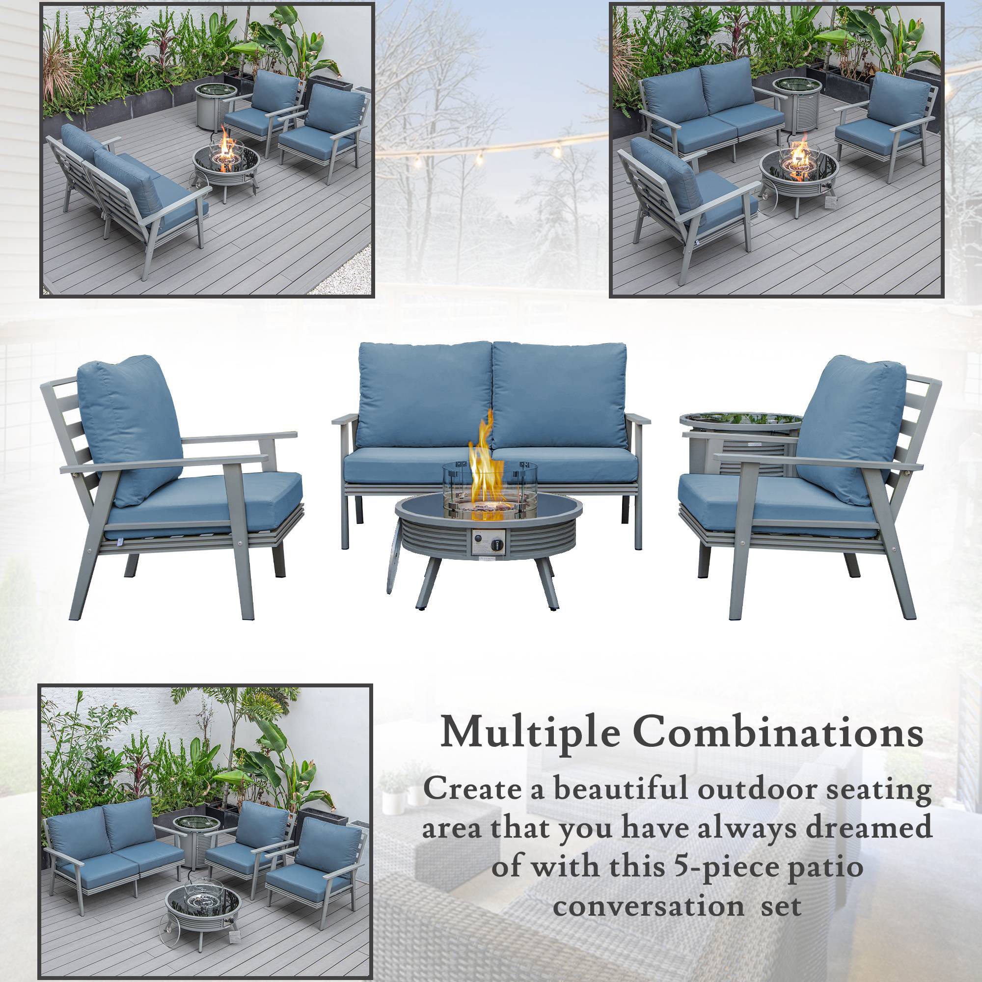 LeisureMod Walbrooke Modern Gray Patio Conversation With Round Fire Pit With Slats Design & Tank Holder - Navy Blue