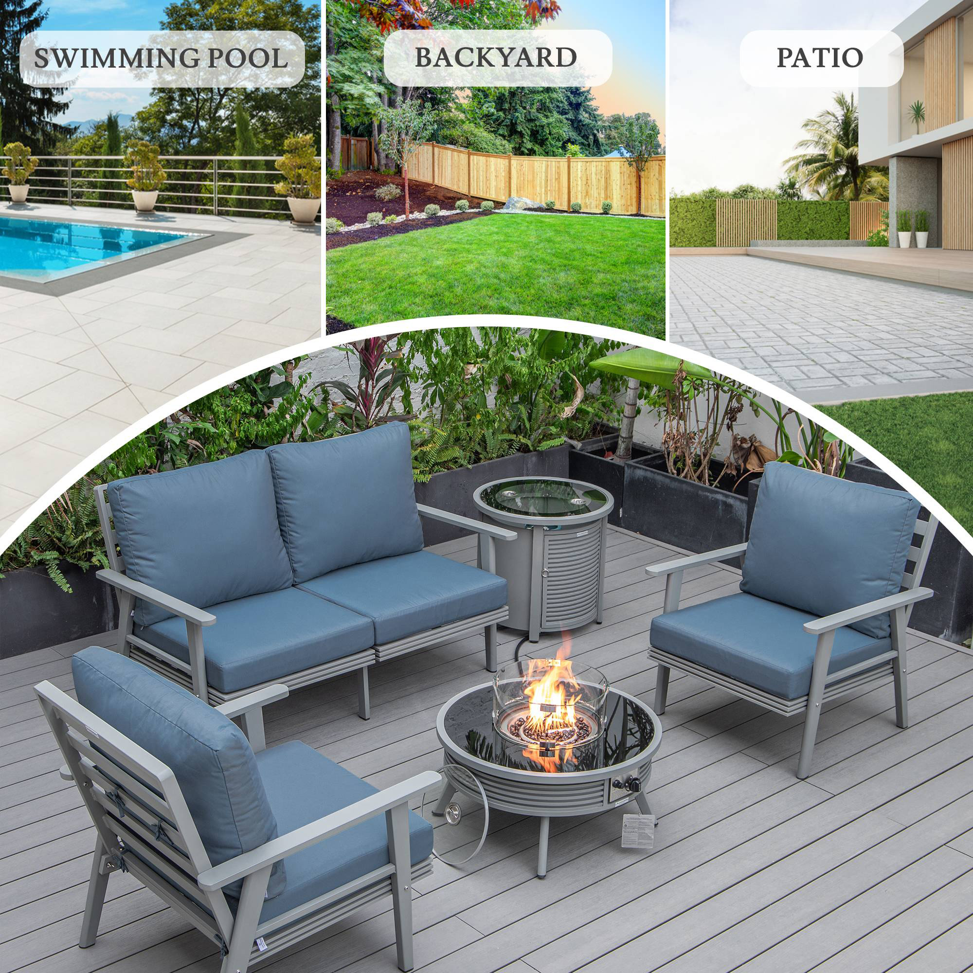 LeisureMod Walbrooke Modern Gray Patio Conversation With Round Fire Pit With Slats Design & Tank Holder - Navy Blue