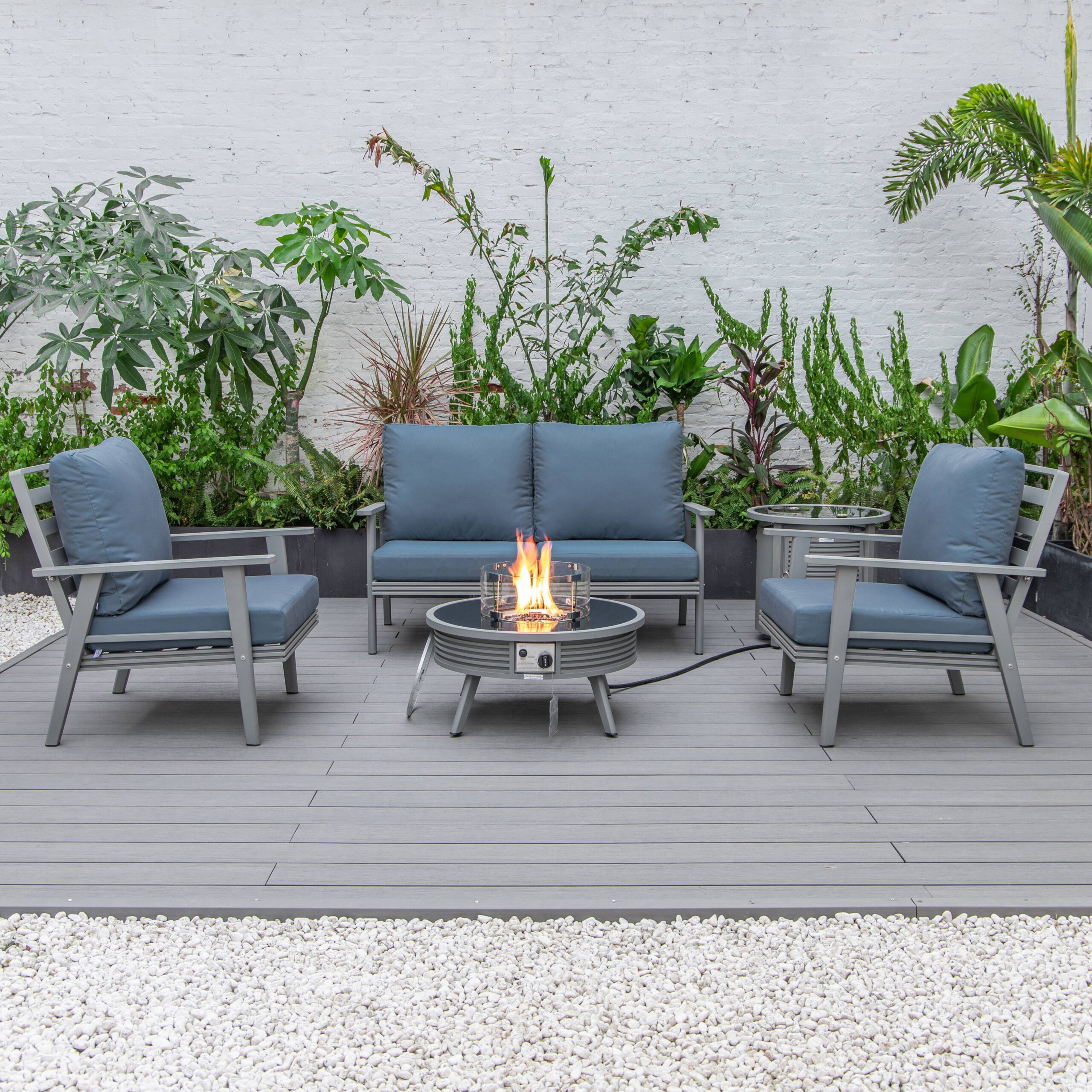 LeisureMod Walbrooke Modern Gray Patio Conversation With Round Fire Pit With Slats Design & Tank Holder - Navy Blue