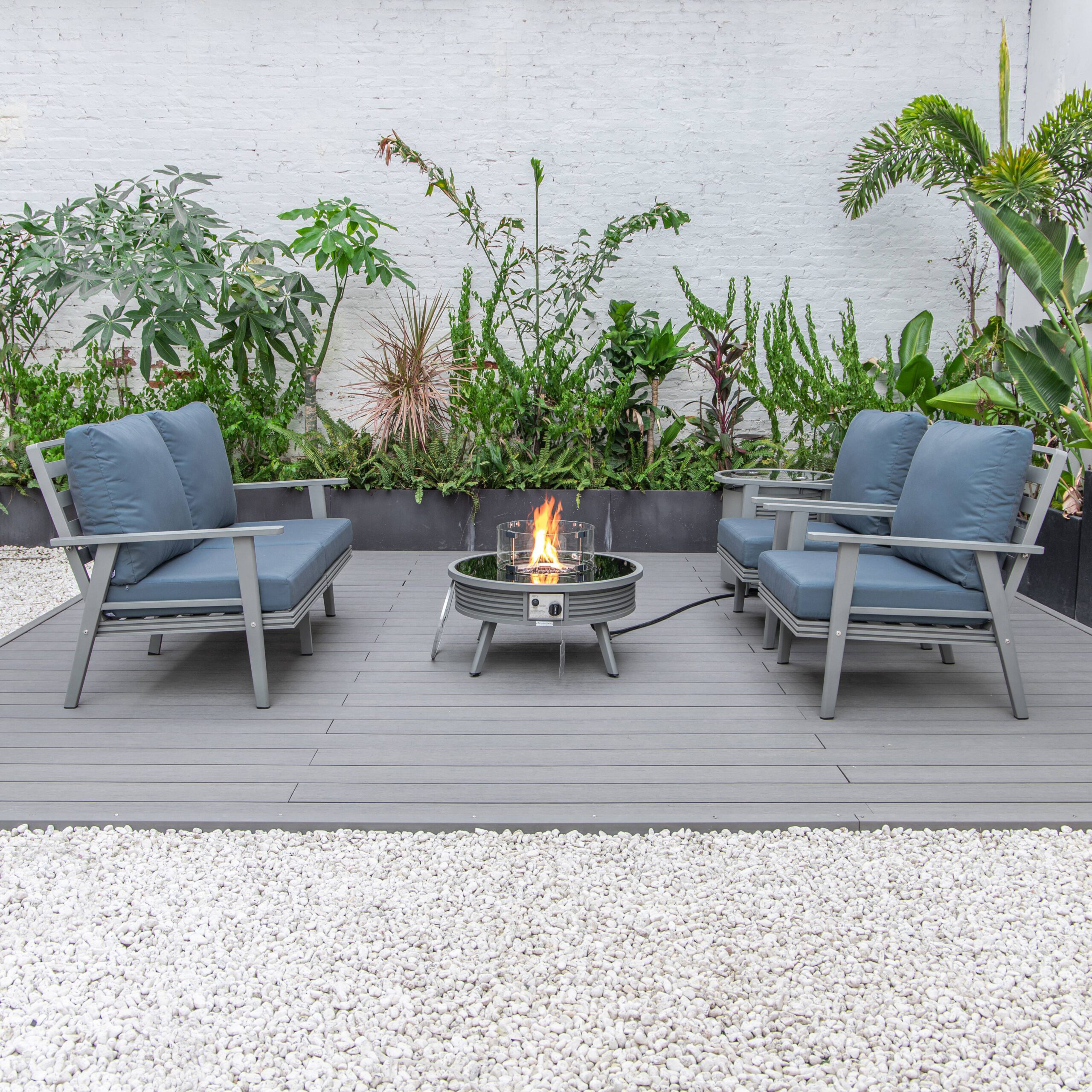 LeisureMod Walbrooke Modern Gray Patio Conversation With Round Fire Pit With Slats Design & Tank Holder - Navy Blue