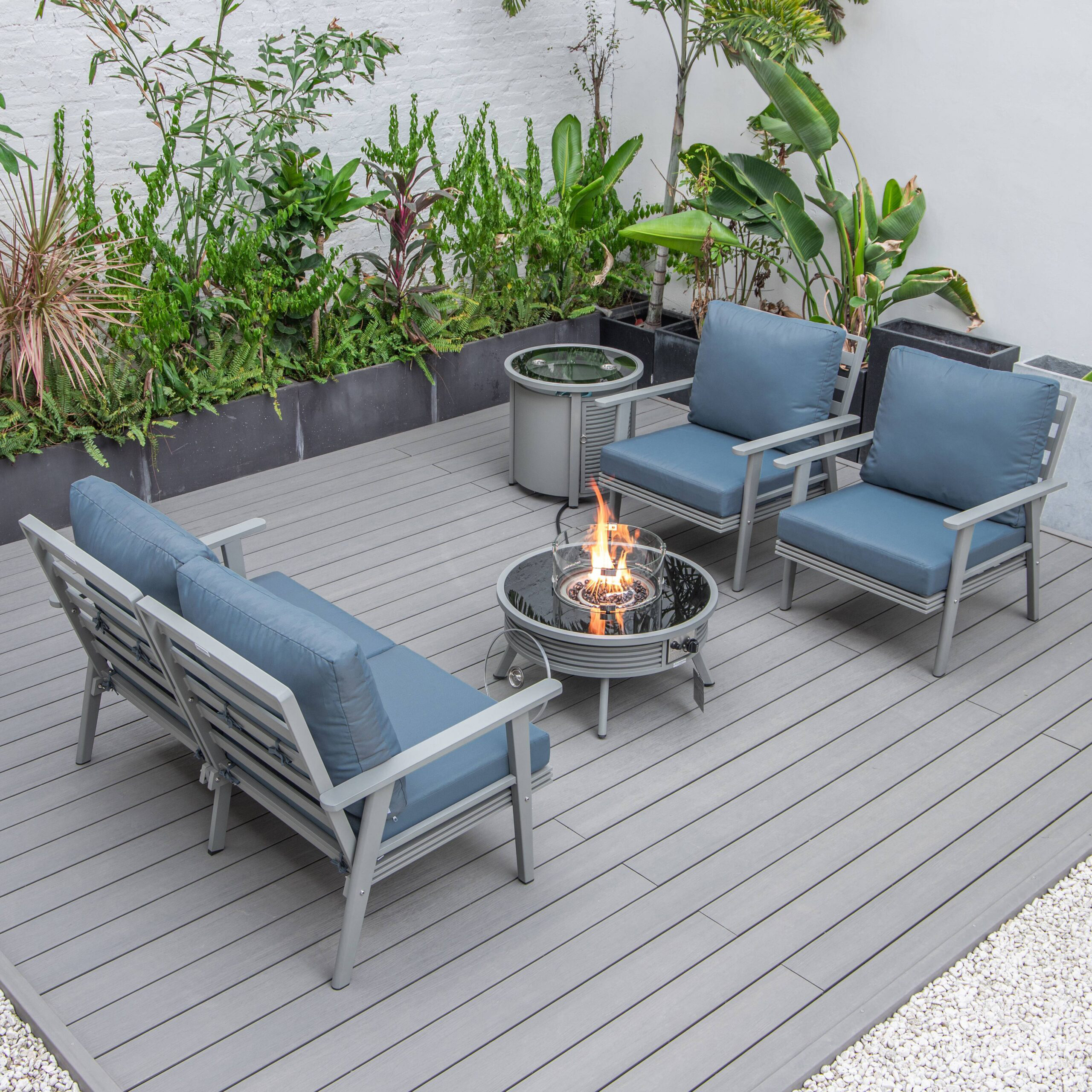 LeisureMod Walbrooke Modern Gray Patio Conversation With Round Fire Pit With Slats Design & Tank Holder - Navy Blue