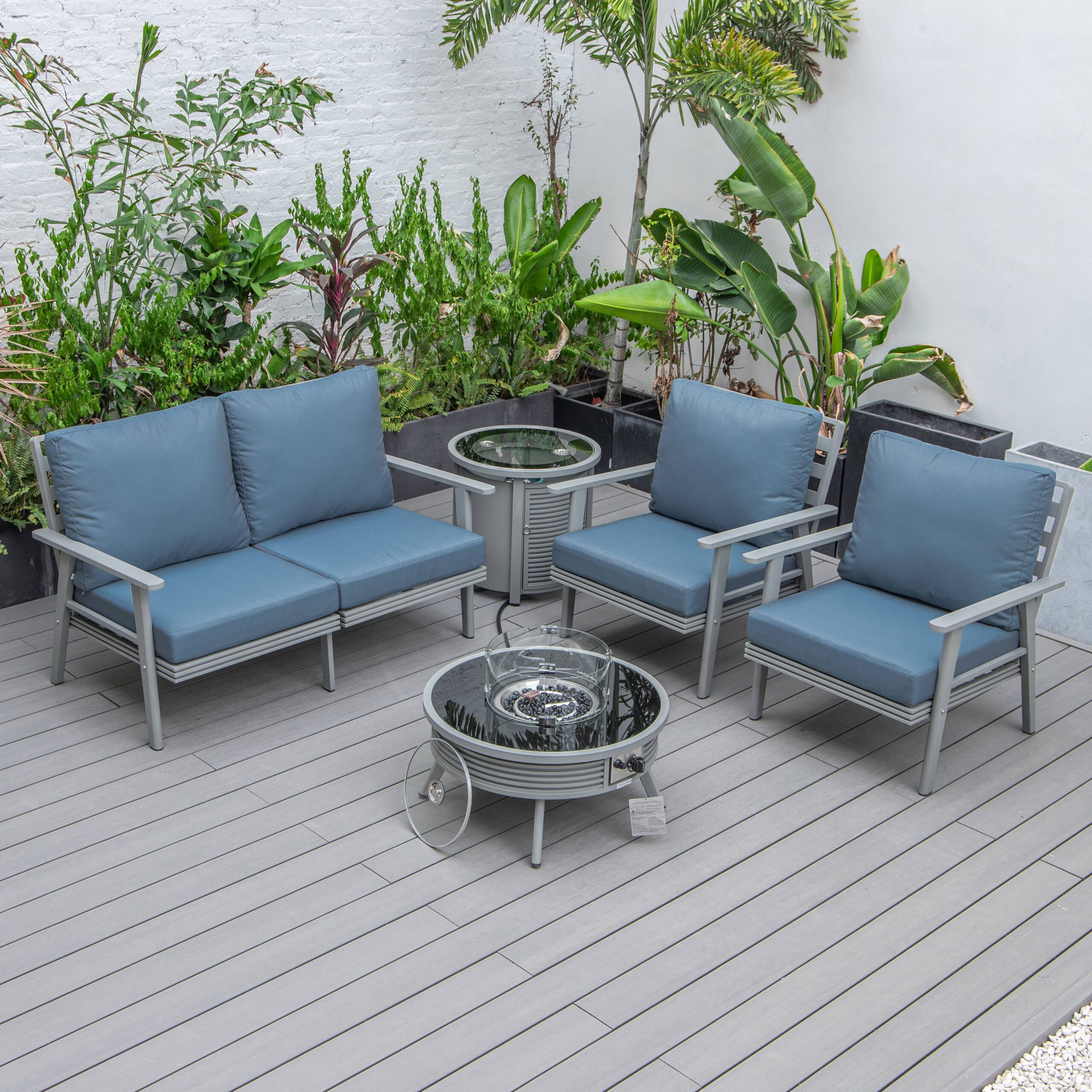 LeisureMod Walbrooke Modern Gray Patio Conversation With Round Fire Pit With Slats Design & Tank Holder - Navy Blue